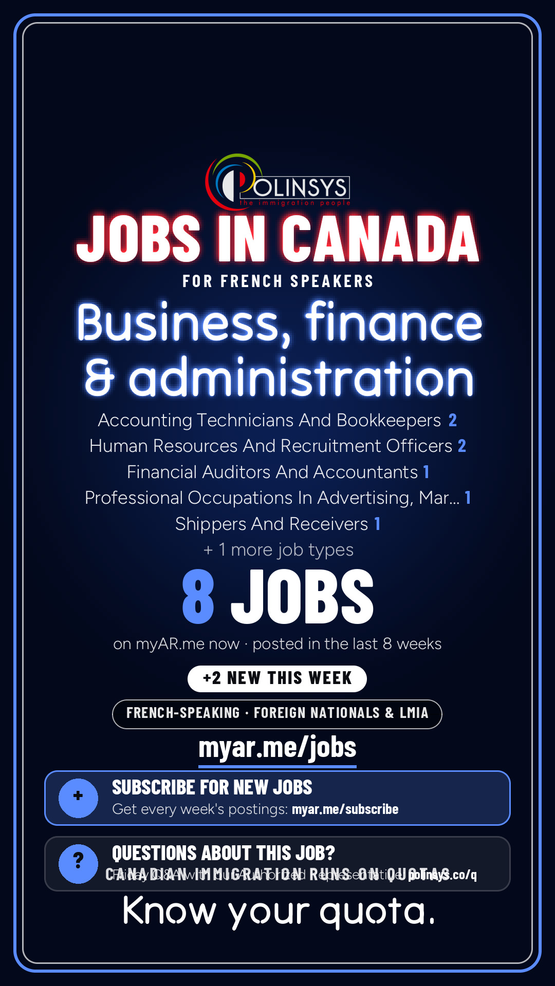 Job card: Business, finance & administration (French-speaking jobs) — 8 jobs on myAR.me