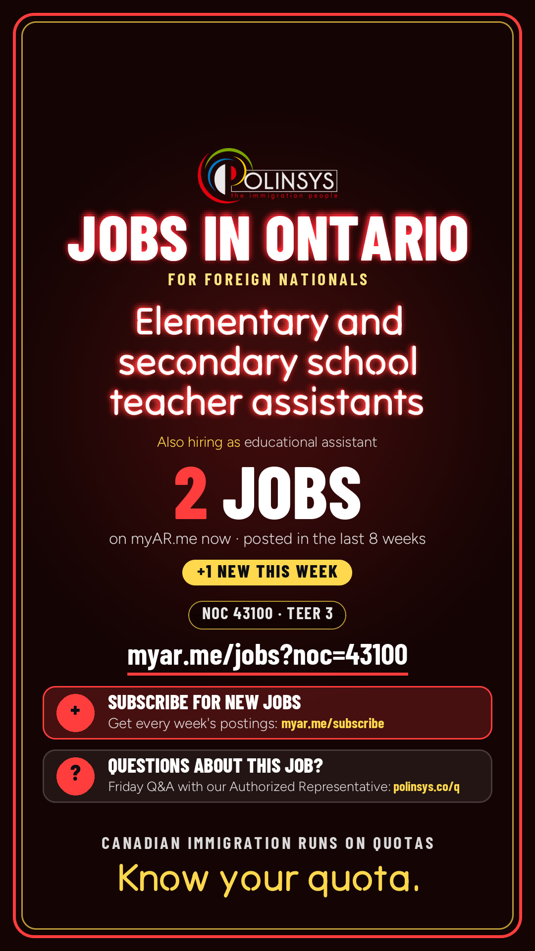 Job card: Elementary and secondary school teacher assistants (NOC 43100) — 2 jobs on myAR.me