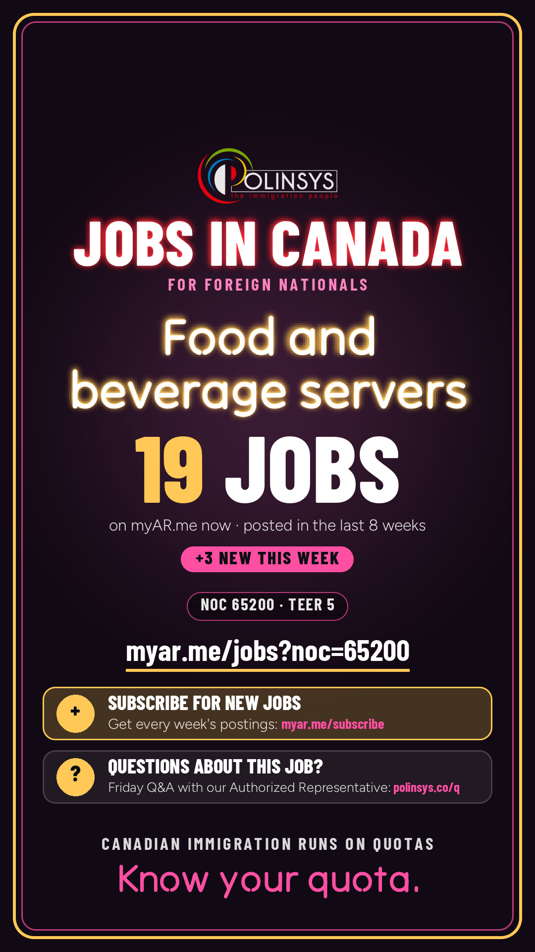 Job card: Food and beverage servers (NOC 65200) — 19 jobs on myAR.me