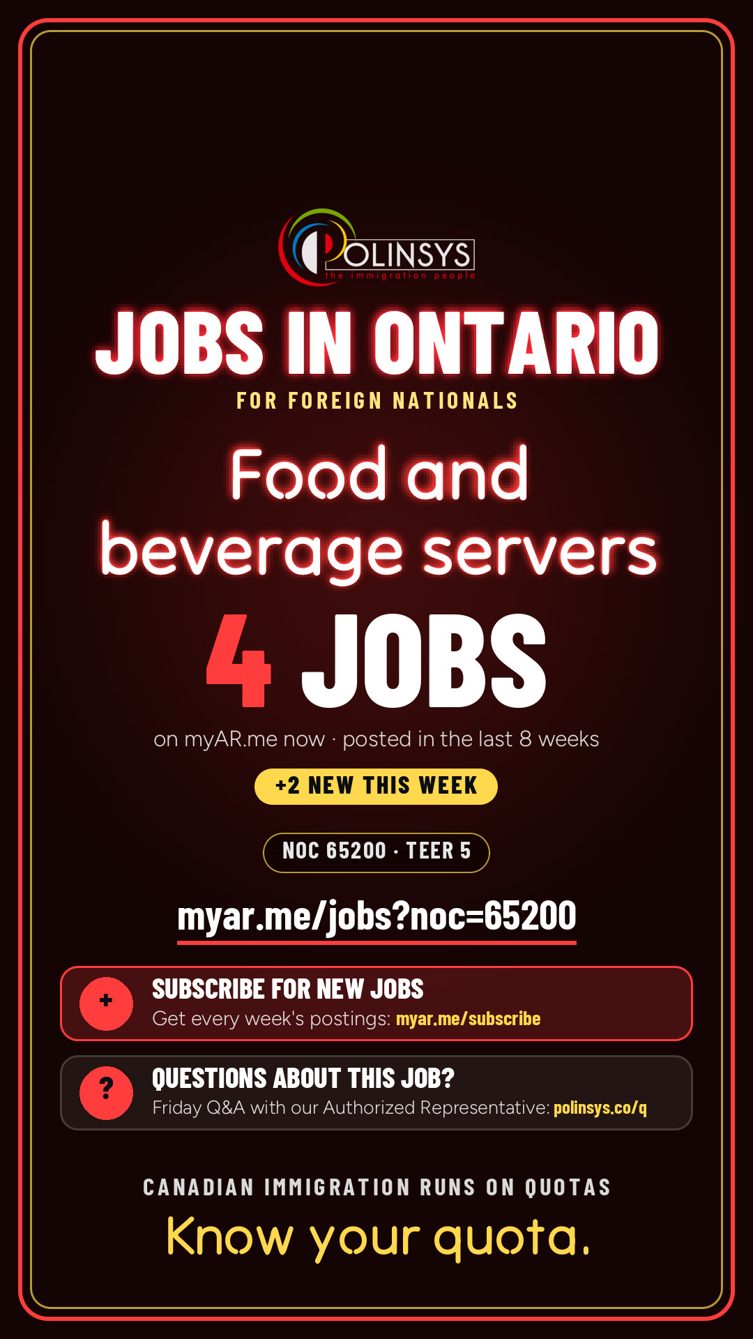 Job card: Food and beverage servers (NOC 65200) — 4 jobs on myAR.me