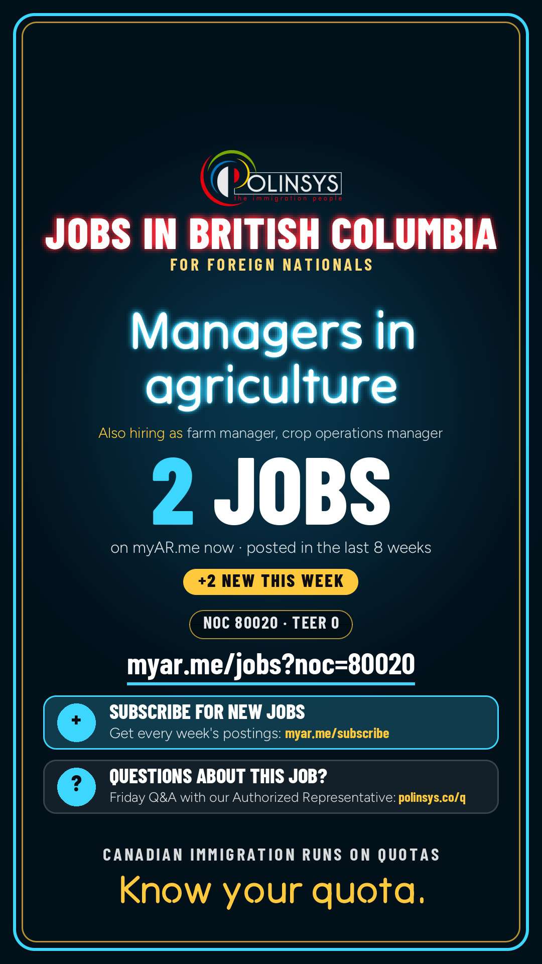 Job card: Managers in agriculture (NOC 80020) — 2 jobs on myAR.me