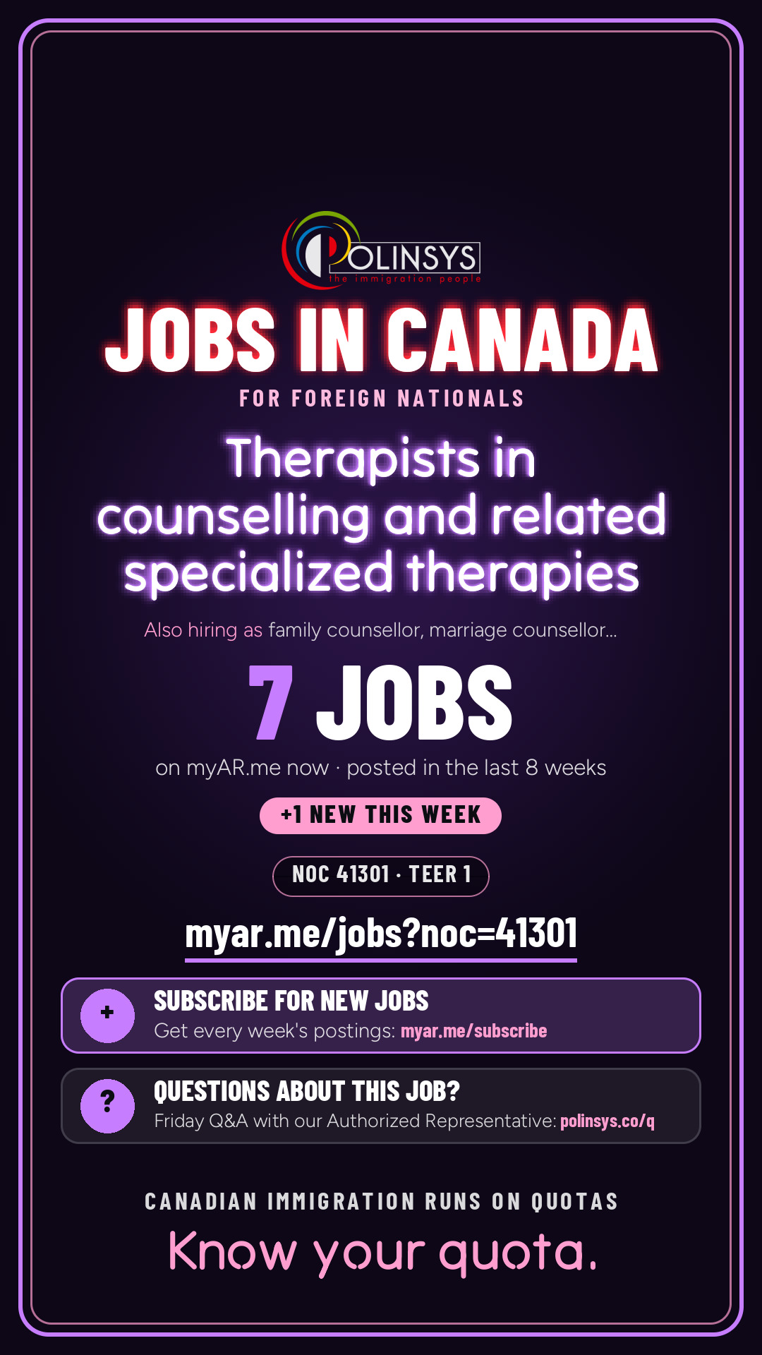Job card: Therapists in counselling and related specialized therapies (NOC 41301) — 7 jobs on myAR.me