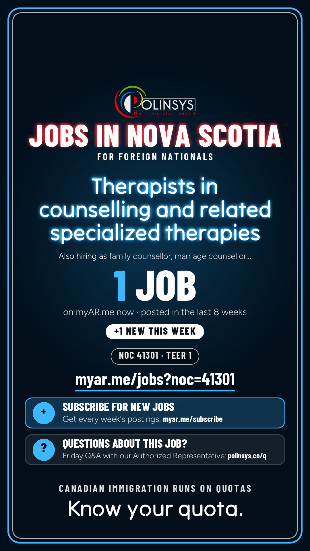 Job card: Therapists in counselling and related specialized therapies (NOC 41301) — 1 jobs on myAR.me