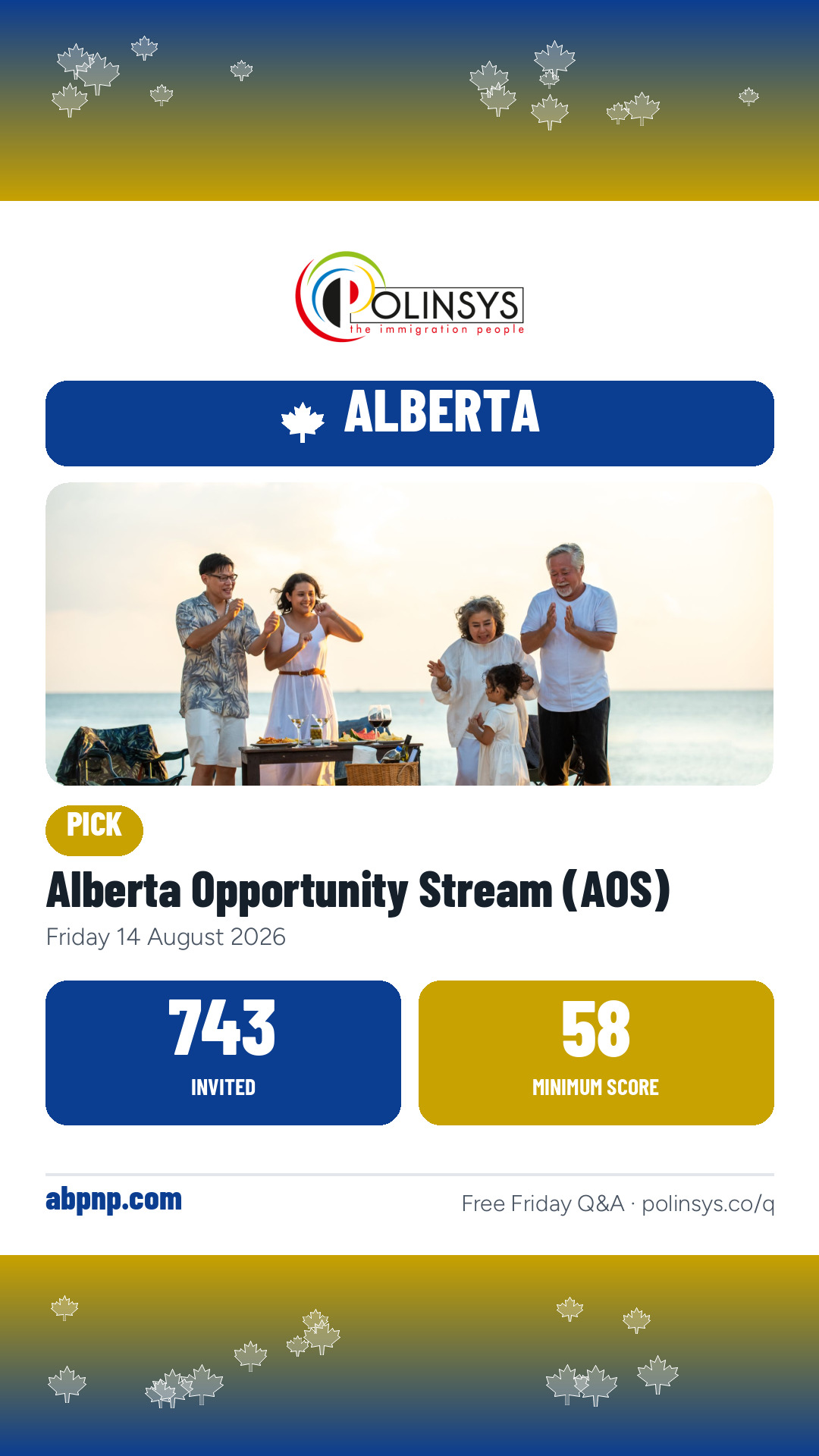 Alberta Opportunity Stream (AOS) — 743 invitations, minimum score 58, 14 August 2026