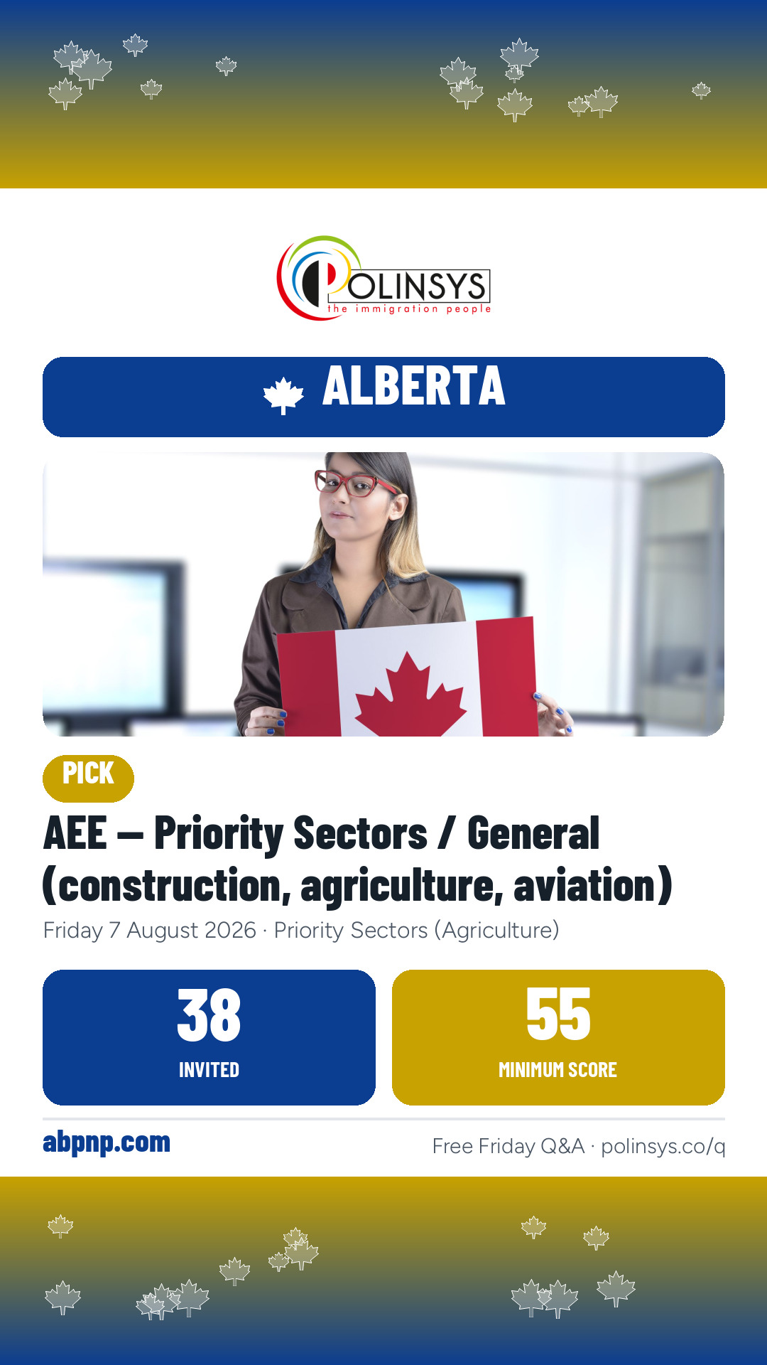 AEE — Priority Sectors / General (construction, agriculture, aviation) — 38 invitations, minimum score 55, 7 August 2026