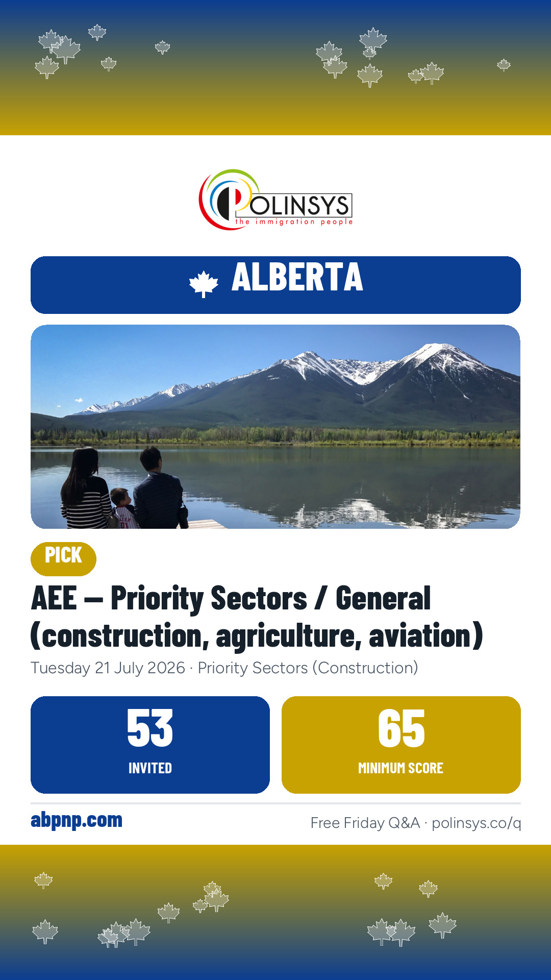 AEE — Priority Sectors / General (construction, agriculture, aviation) — 53 invitations, minimum score 65, 21 July 2026