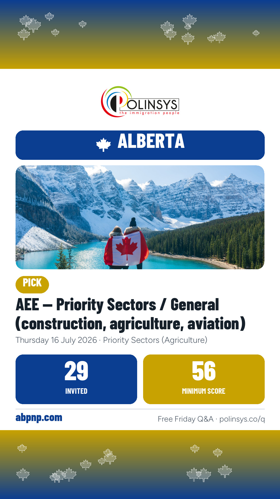 AEE — Priority Sectors / General (construction, agriculture, aviation) — 29 invitations, minimum score 56, 16 July 2026
