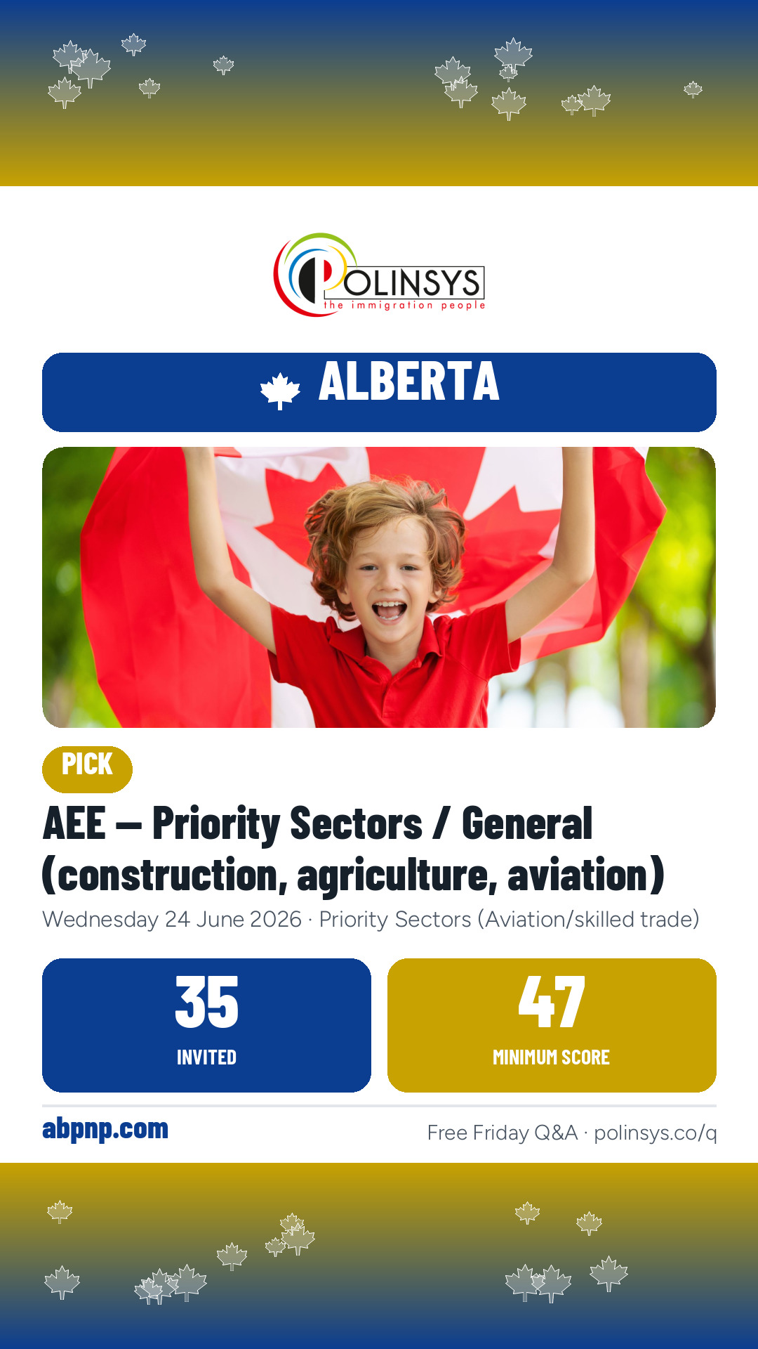 AEE — Priority Sectors / General (construction, agriculture, aviation) — 35 invitations, minimum score 47, 24 June 2026