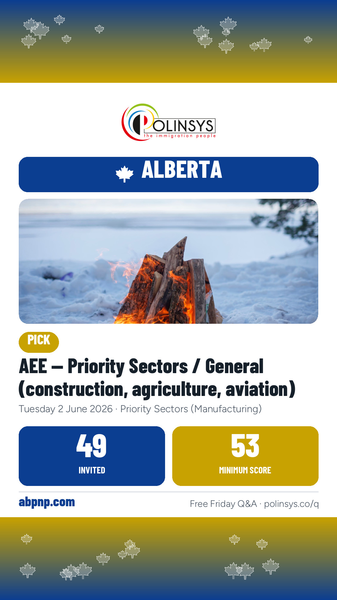 AEE — Priority Sectors / General (construction, agriculture, aviation) — 49 invitations, minimum score 53, 2 June 2026