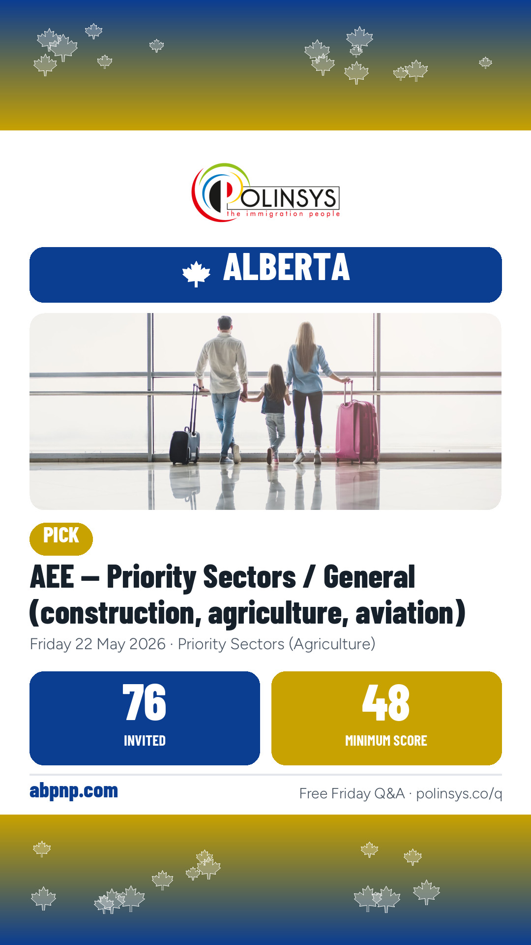AEE — Priority Sectors / General (construction, agriculture, aviation) — 76 invitations, minimum score 48, 22 May 2026
