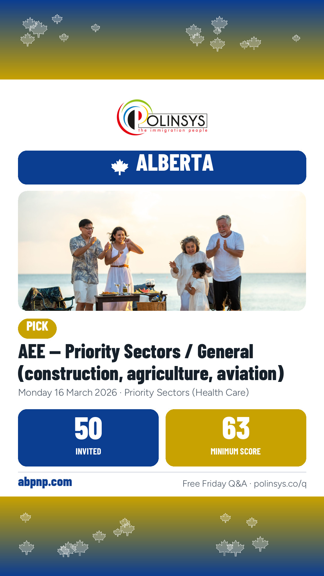 AEE — Priority Sectors / General (construction, agriculture, aviation) — 50 invitations, minimum score 63, 16 March 2026