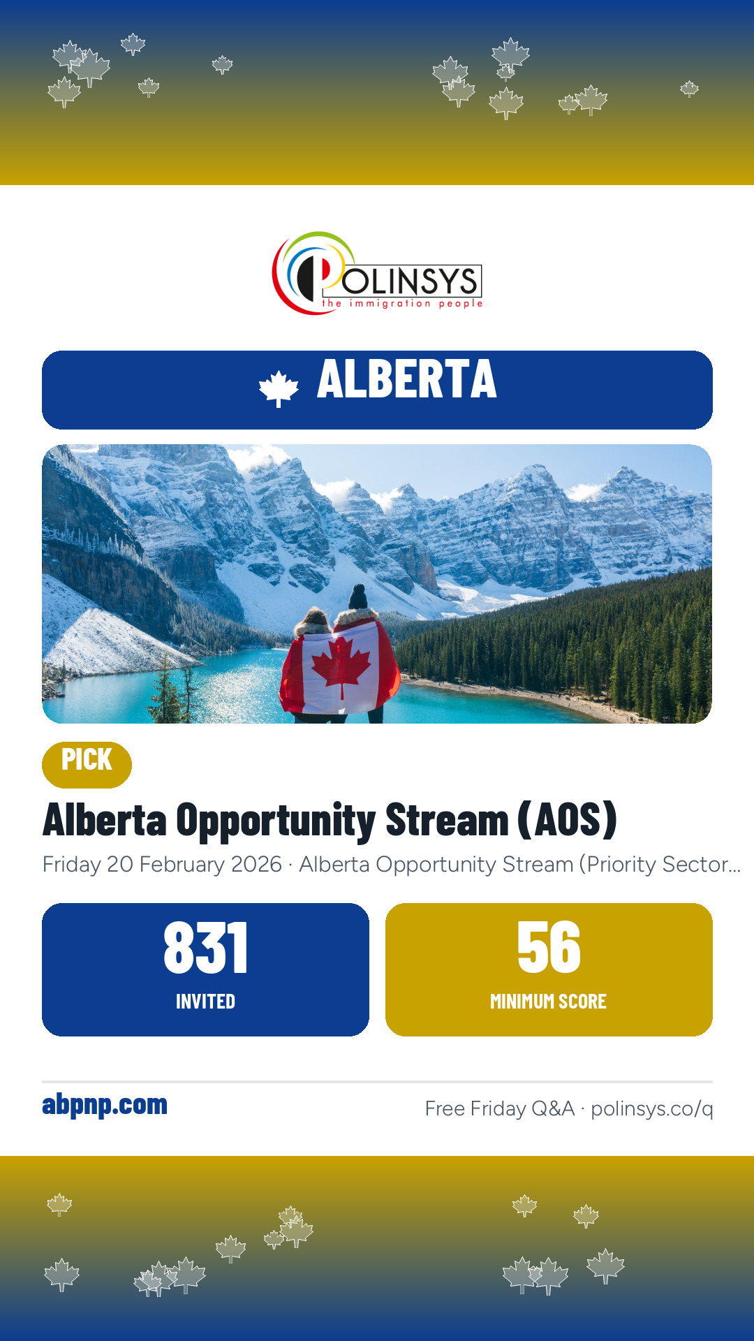 Alberta Opportunity Stream (AOS) — 831 invitations, minimum score 56, 20 February 2026