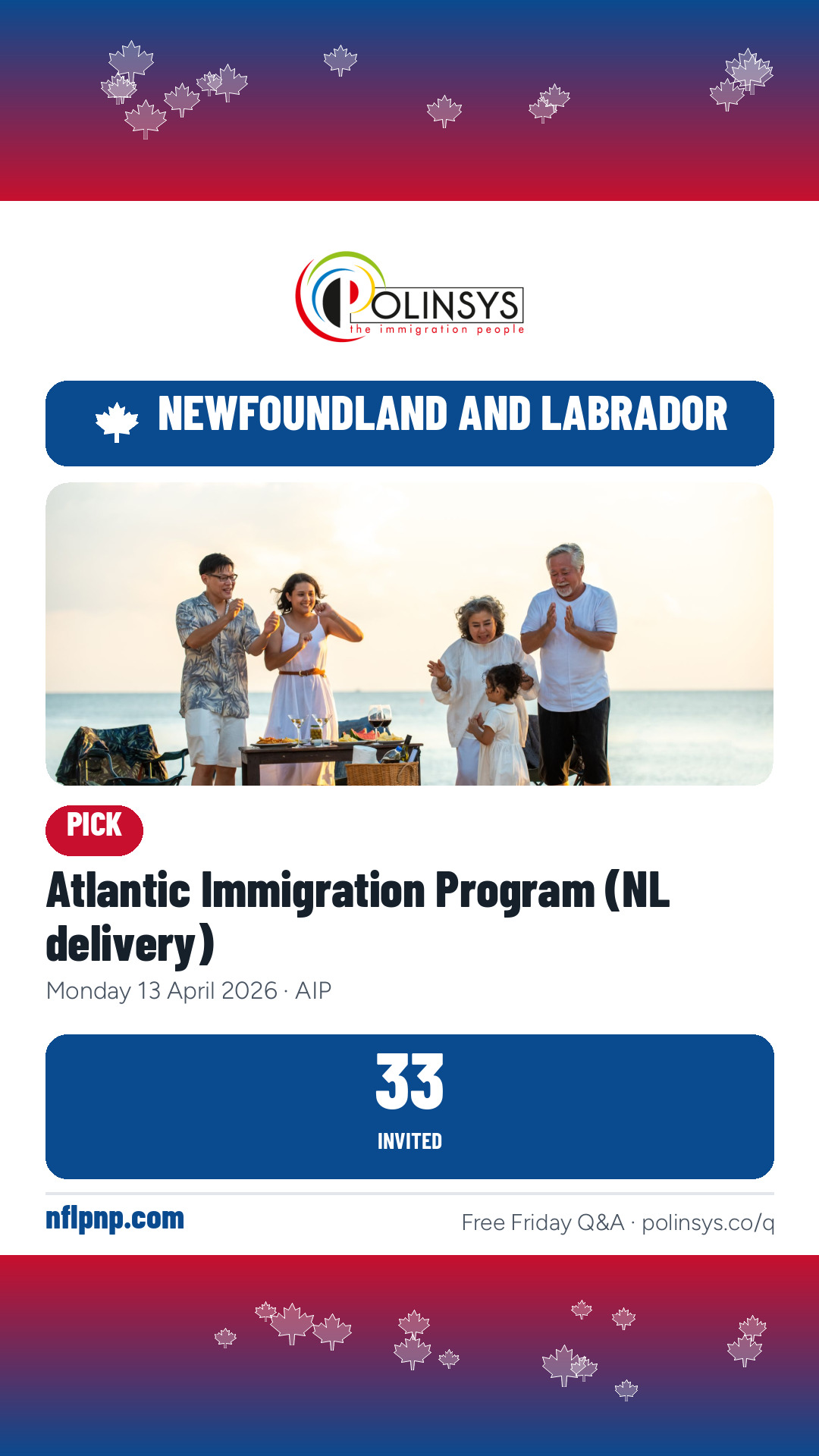 Atlantic Immigration Program (NL delivery) — 33 invitations, 13 April 2026