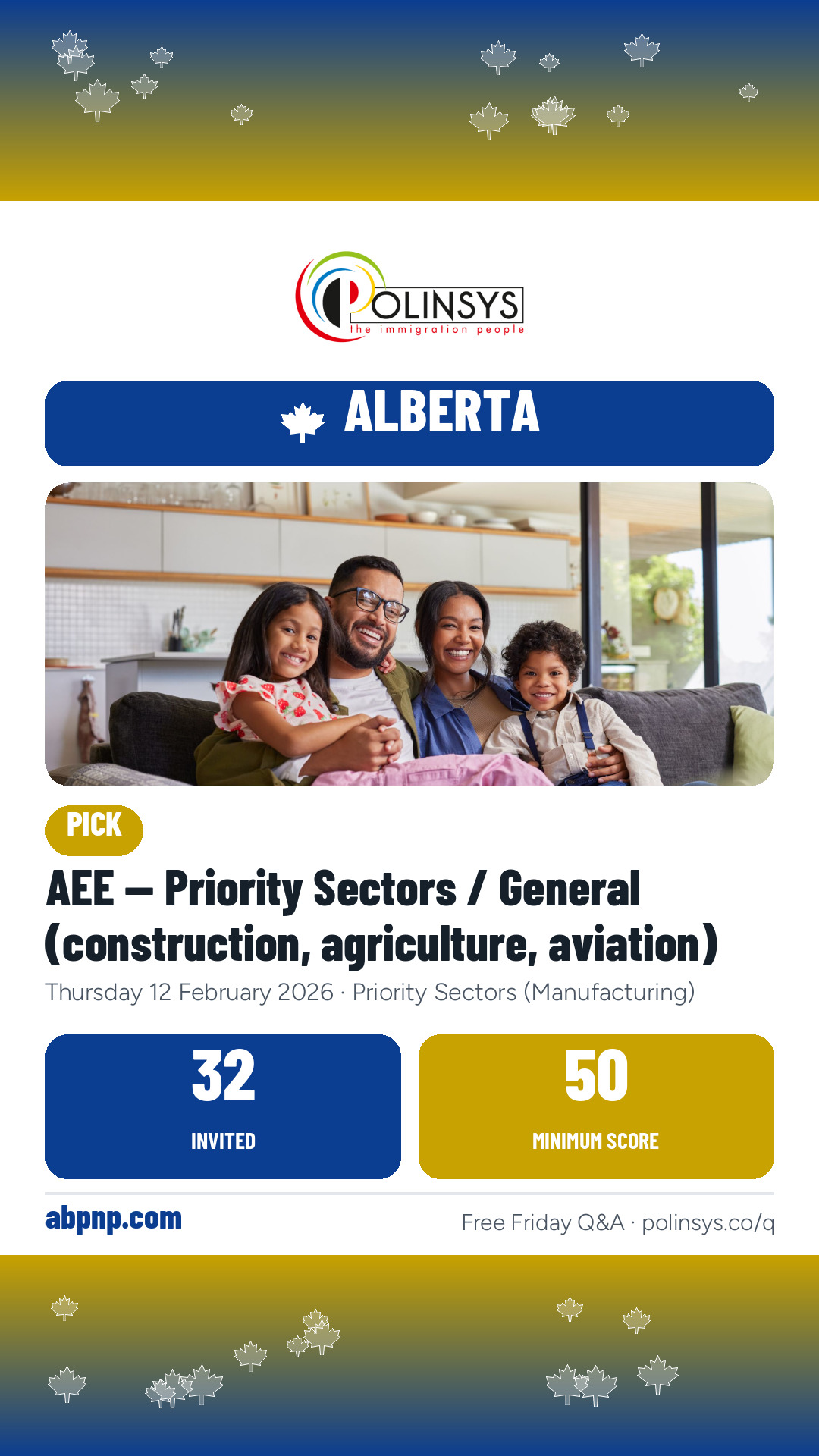 AEE — Priority Sectors / General (construction, agriculture, aviation) — 32 invitations, minimum score 50, 12 February 2026