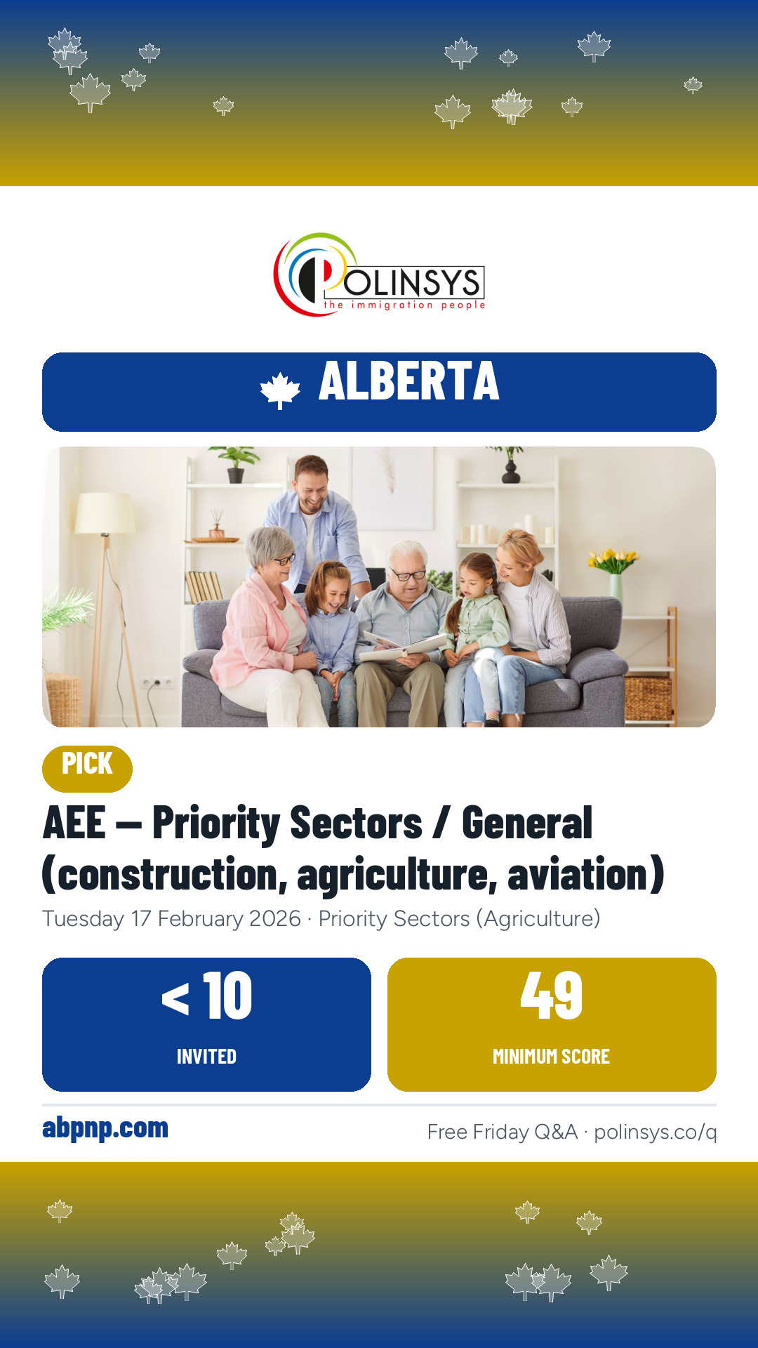 AEE — Priority Sectors / General (construction, agriculture, aviation) — fewer than 10 invitations, minimum score 49, 17 February 2026