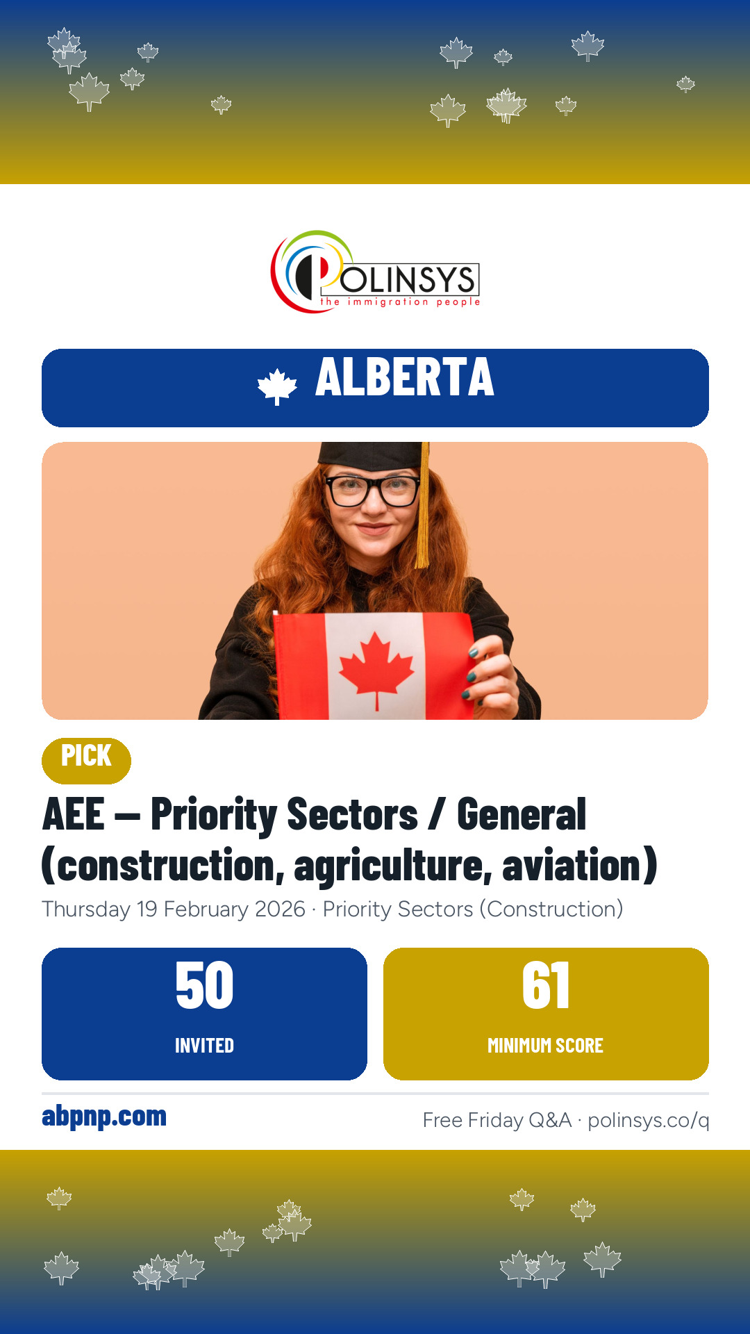 AEE — Priority Sectors / General (construction, agriculture, aviation) — 50 invitations, minimum score 61, 19 February 2026