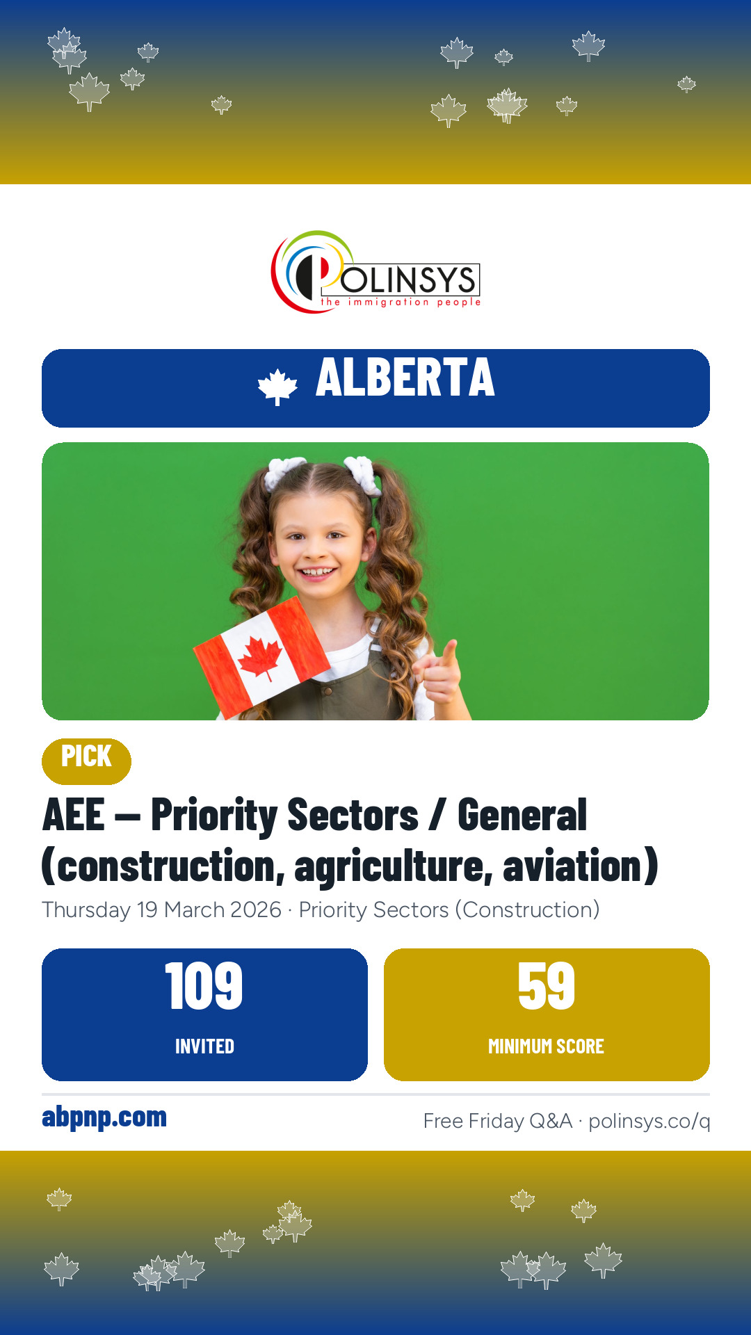 AEE — Priority Sectors / General (construction, agriculture, aviation) — 109 invitations, minimum score 59, 19 March 2026