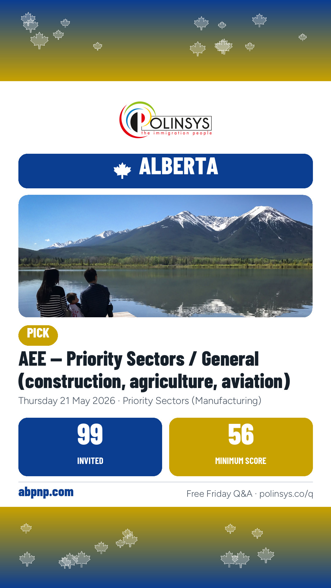 AEE — Priority Sectors / General (construction, agriculture, aviation) — 99 invitations, minimum score 56, 21 May 2026