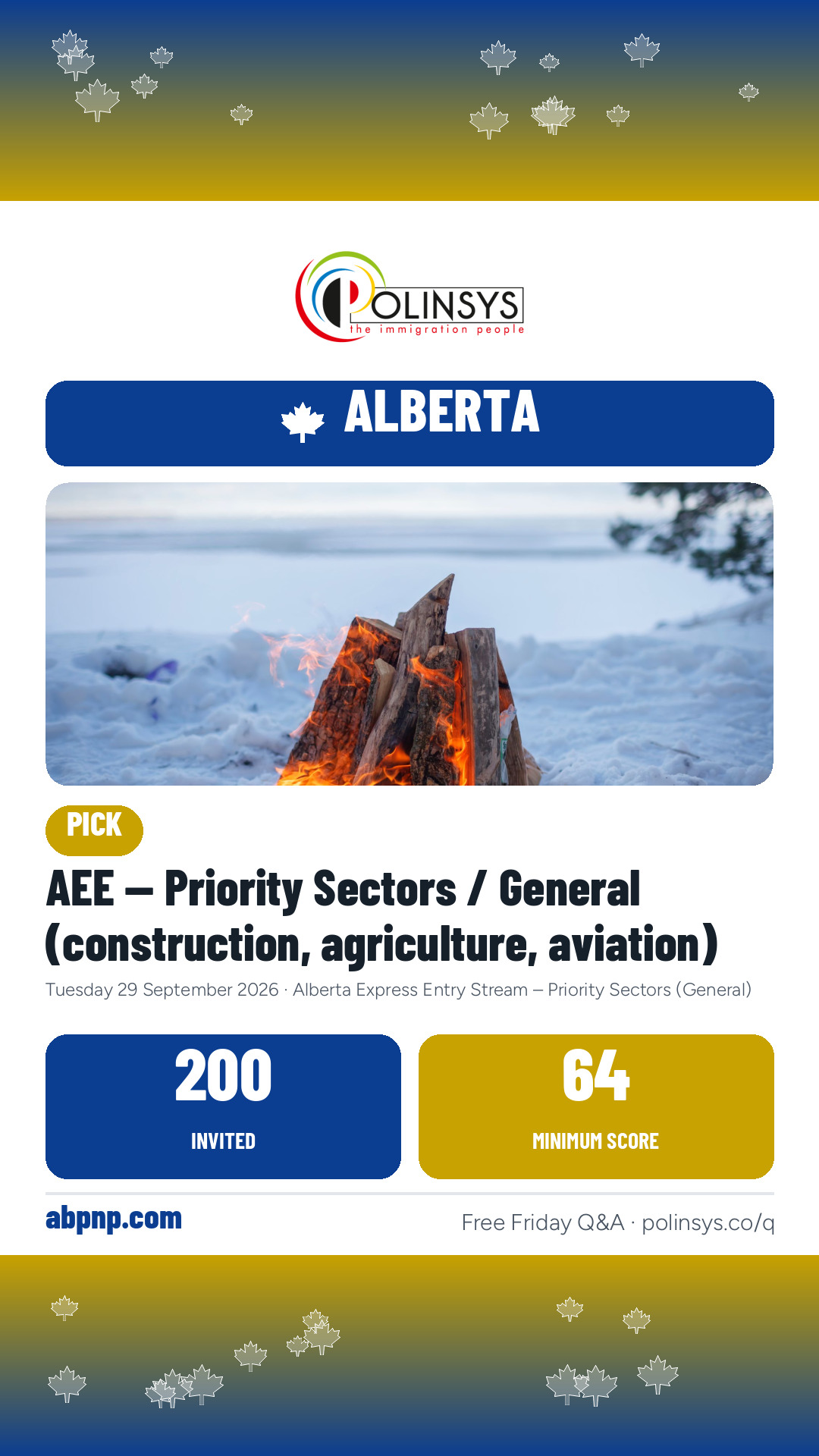 AEE — Priority Sectors / General (construction, agriculture, aviation) — 200 invitations, minimum score 64, 29 September 2026