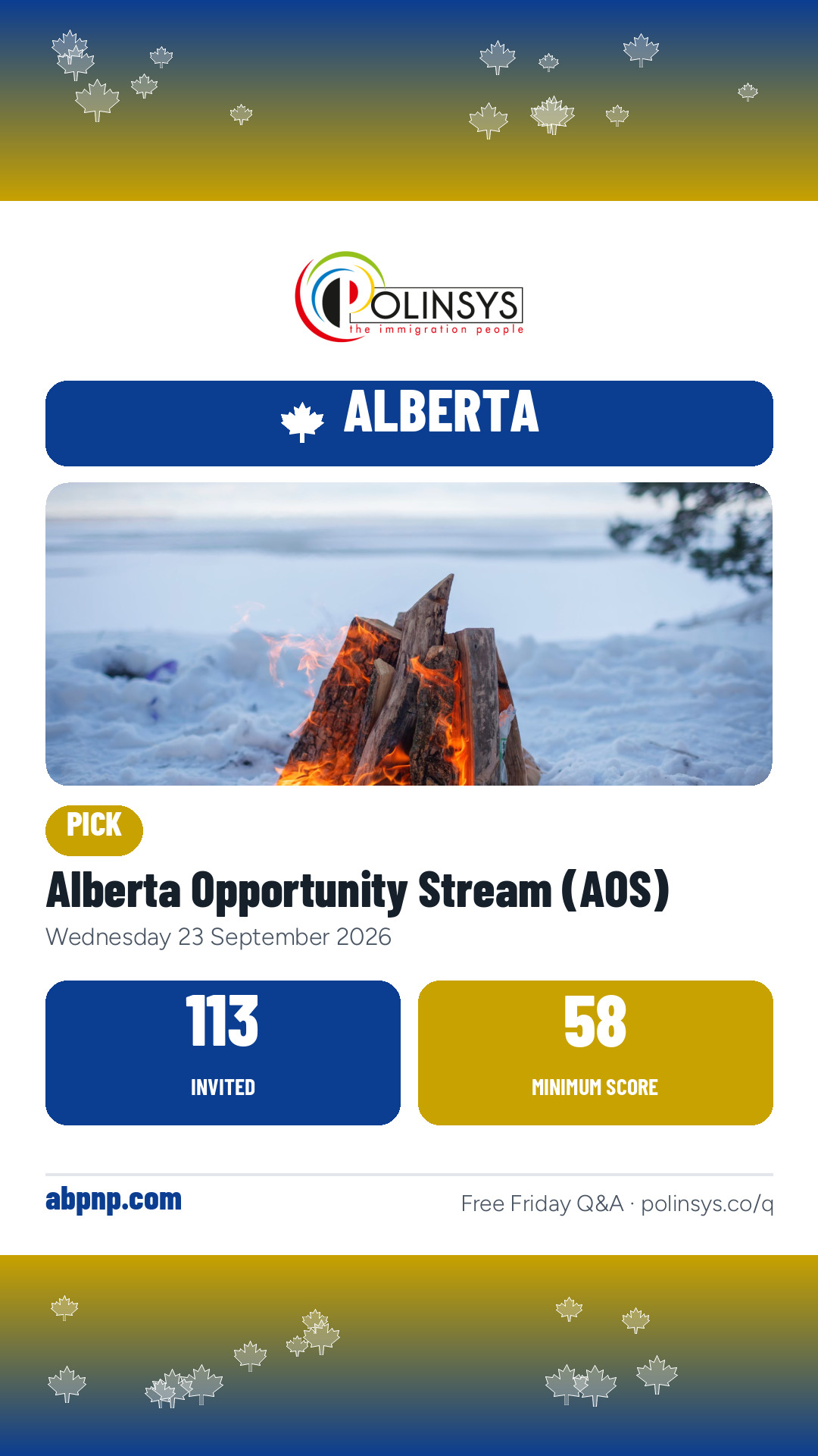 Alberta Opportunity Stream (AOS) — 113 invitations, minimum score 58, 23 September 2026