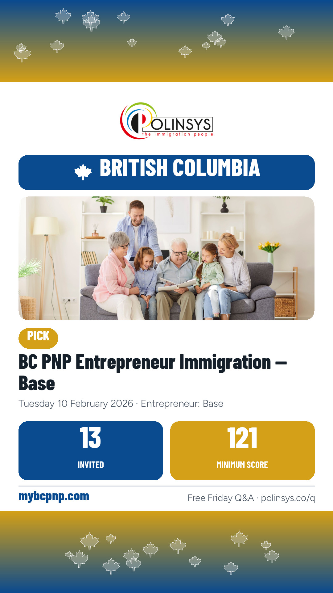 BC PNP Entrepreneur Immigration — Base — 13 invitations, minimum score 121, 10 February 2026