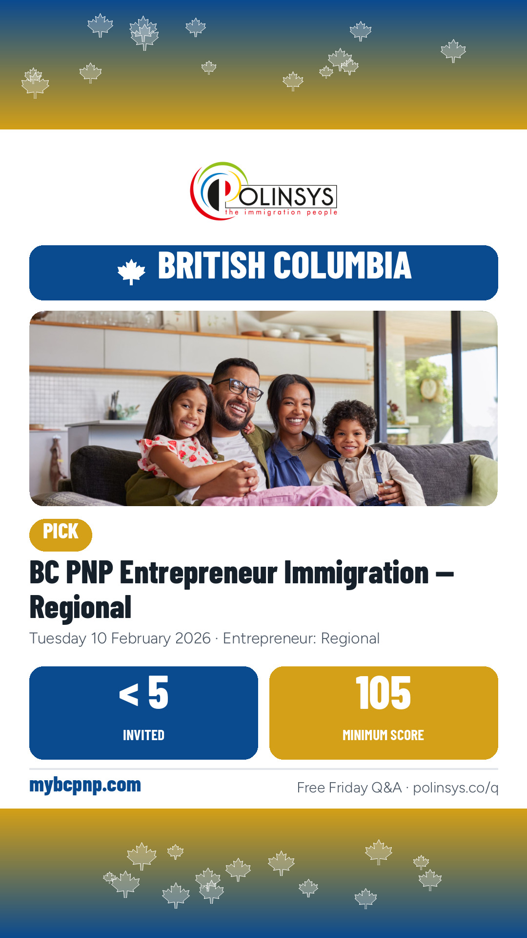 BC PNP Entrepreneur Immigration — Regional — fewer than 5 invitations, minimum score 105, 10 February 2026
