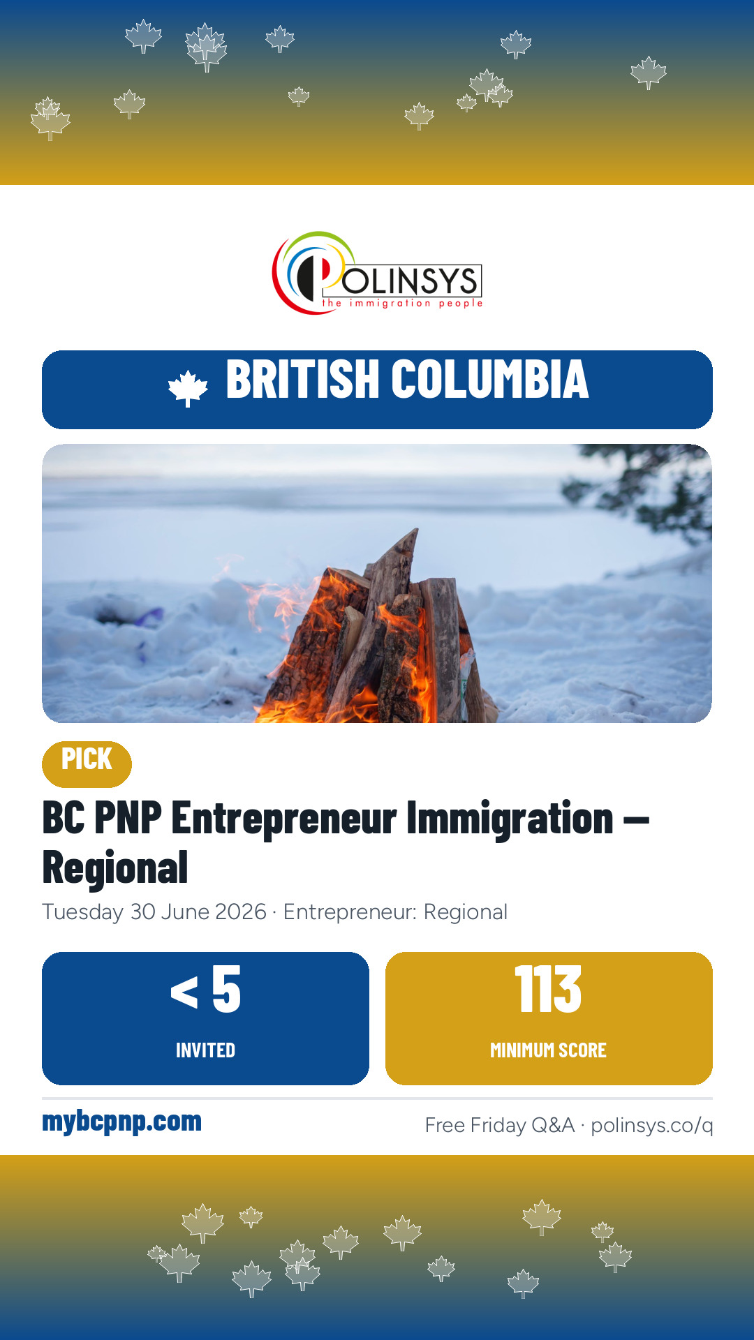 BC PNP Entrepreneur Immigration — Regional — fewer than 5 invitations, minimum score 113, 30 June 2026