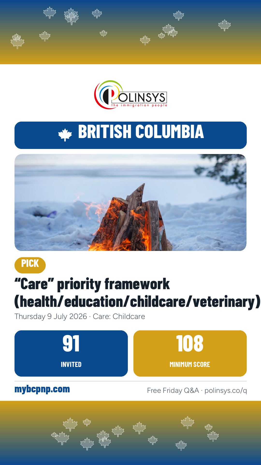 “Care” priority framework (health/education/childcare/veterinary) — 91 invitations, minimum score 108, 9 July 2026