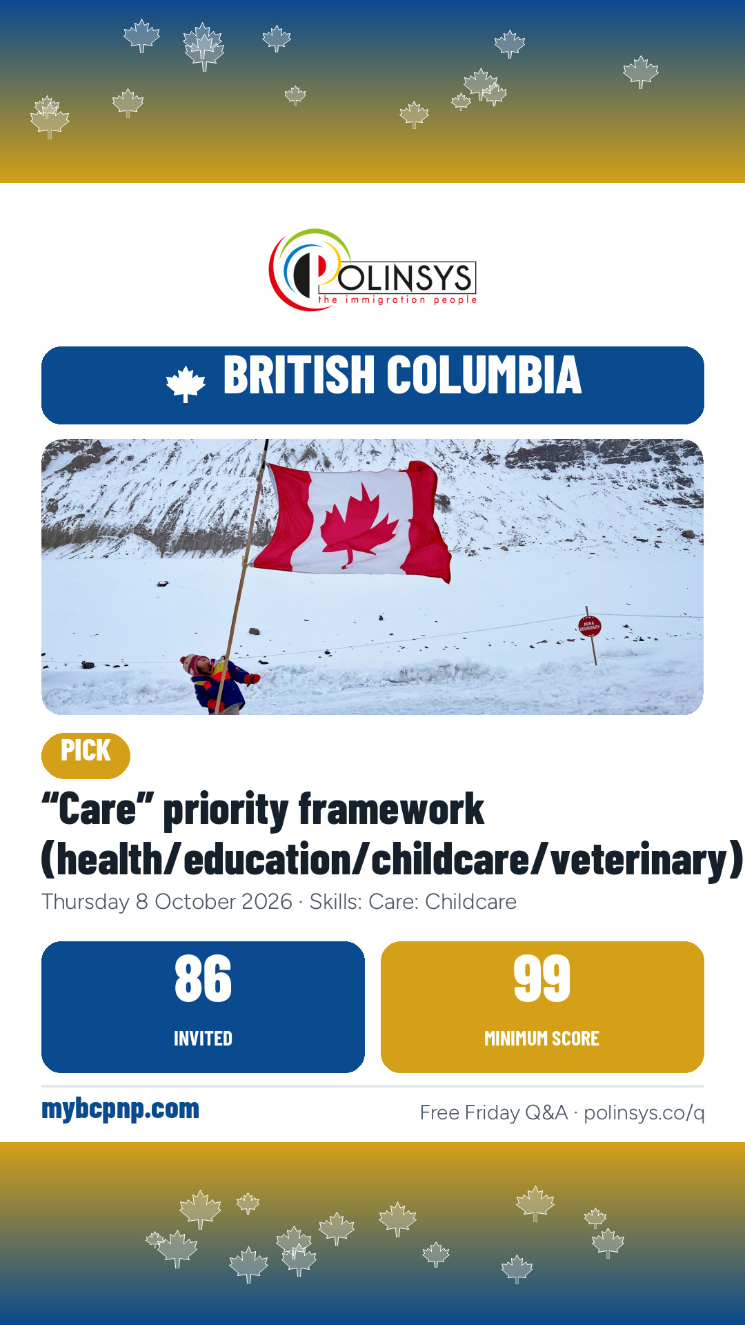 “Care” priority framework (health/education/childcare/veterinary) — 86 invitations, 8 Oct 2026