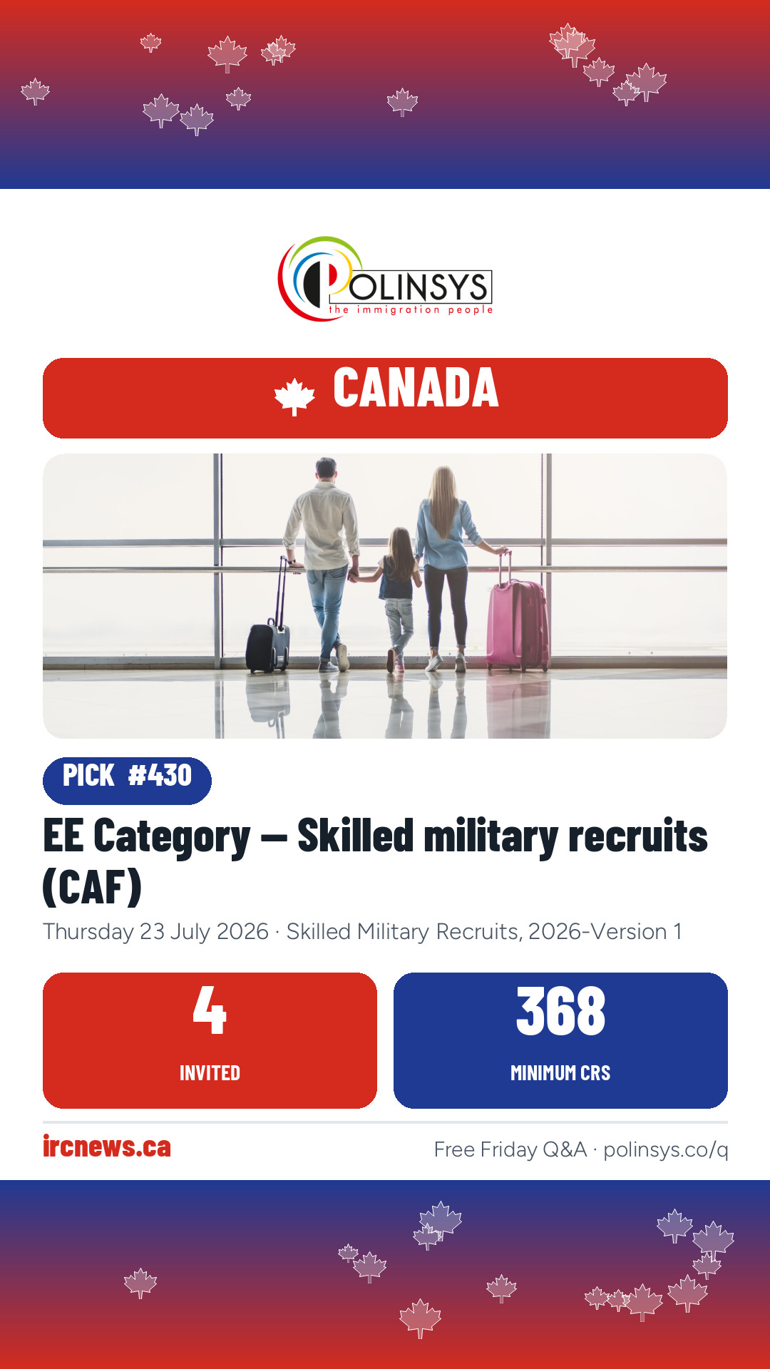 EE Category — Skilled military recruits (CAF) — 4 invitations, minimum score 368, 23 July 2026