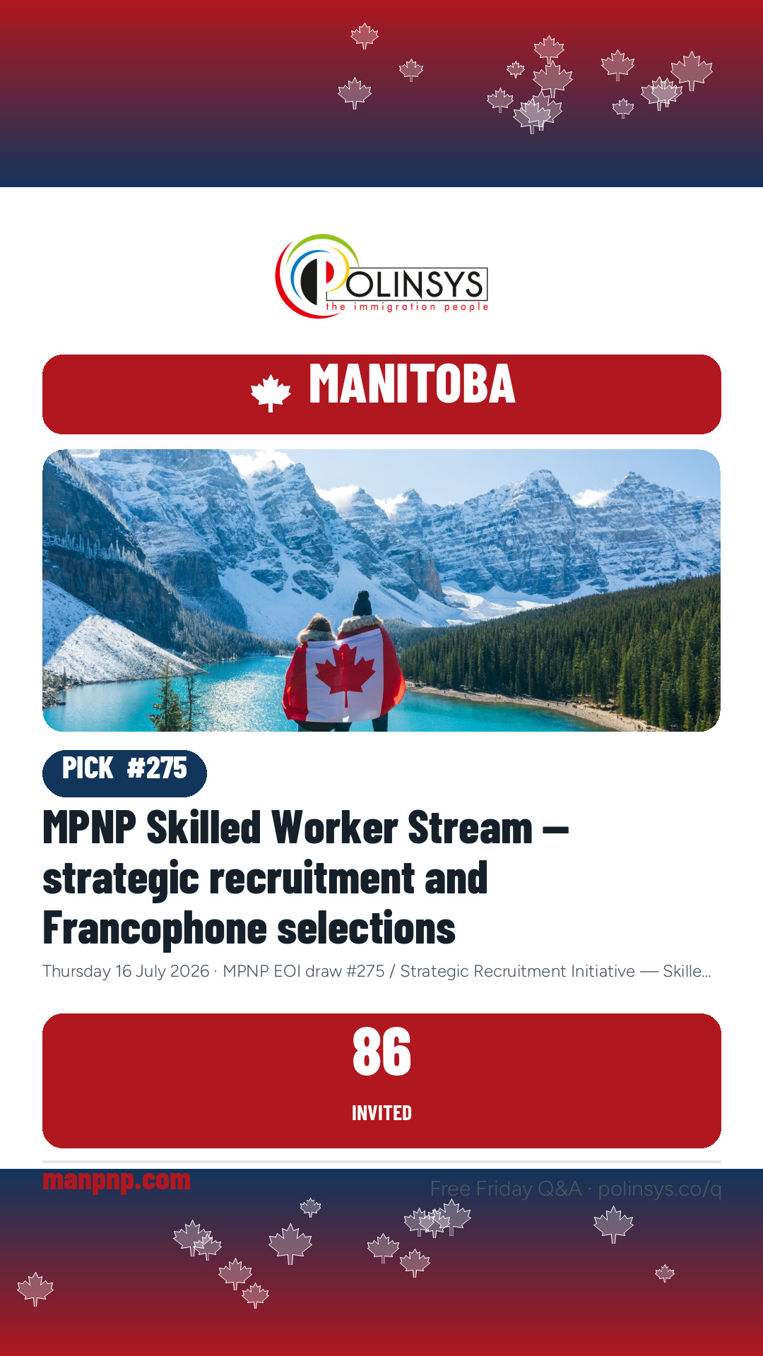 MPNP Skilled Worker Stream — strategic recruitment and Francophone selections — 86 invitations, 16 July 2026