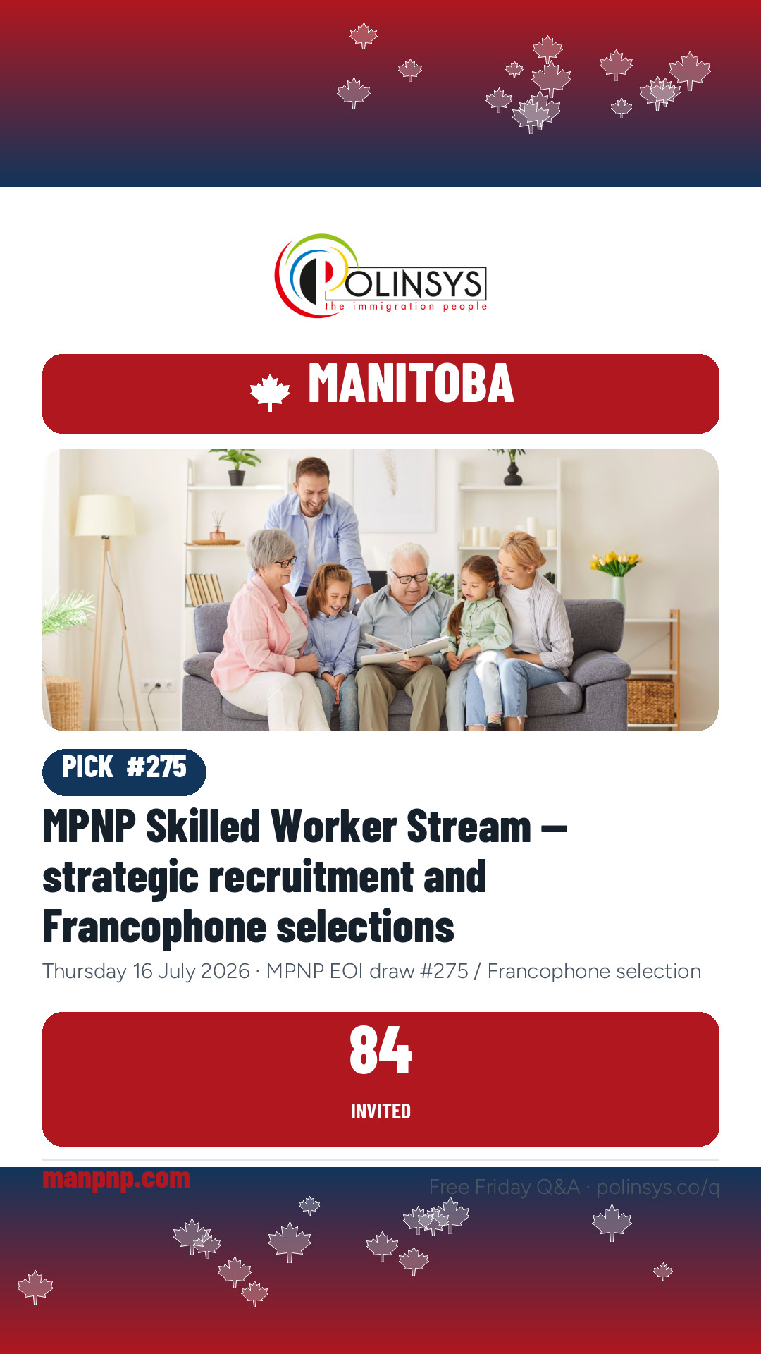 MPNP Skilled Worker Stream — strategic recruitment and Francophone selections — 84 invitations, 16 July 2026