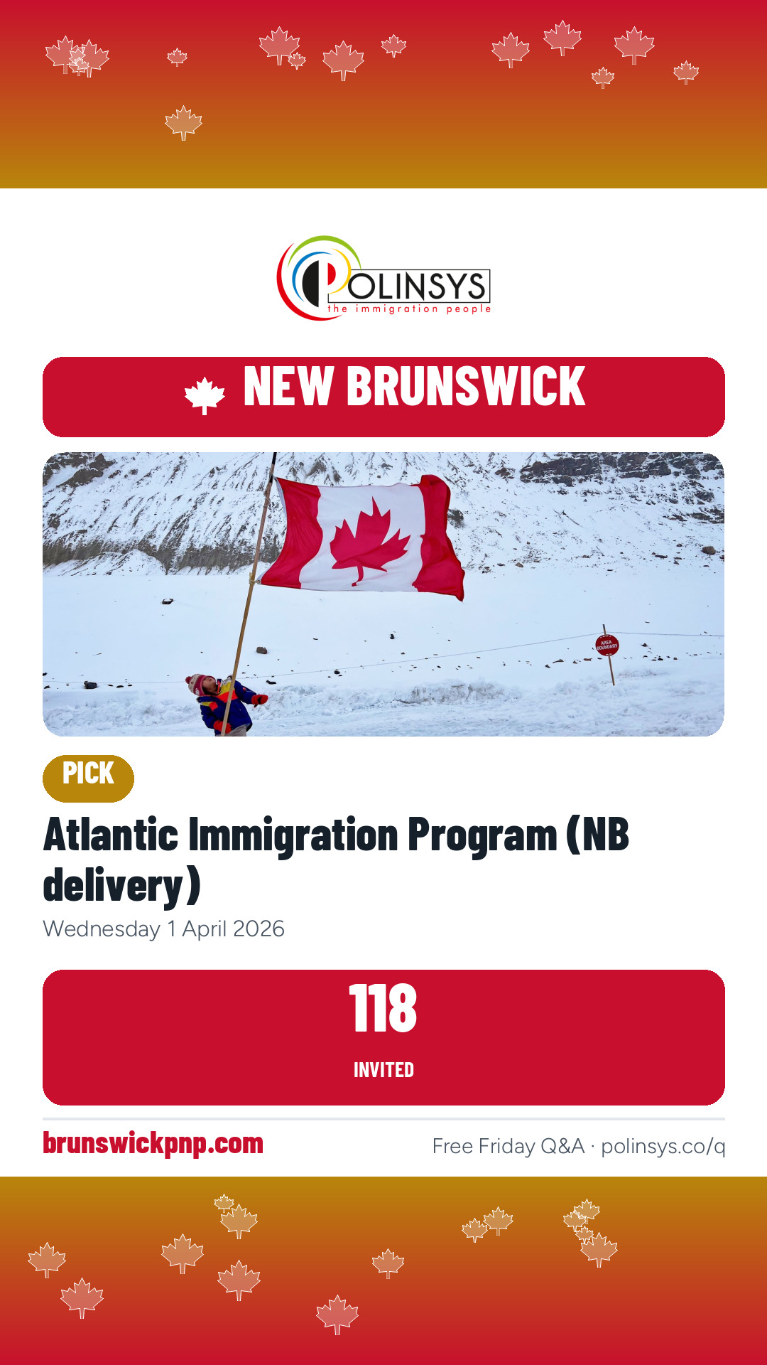 Atlantic Immigration Program (NB delivery) — 118 invitations, 1 April 2026