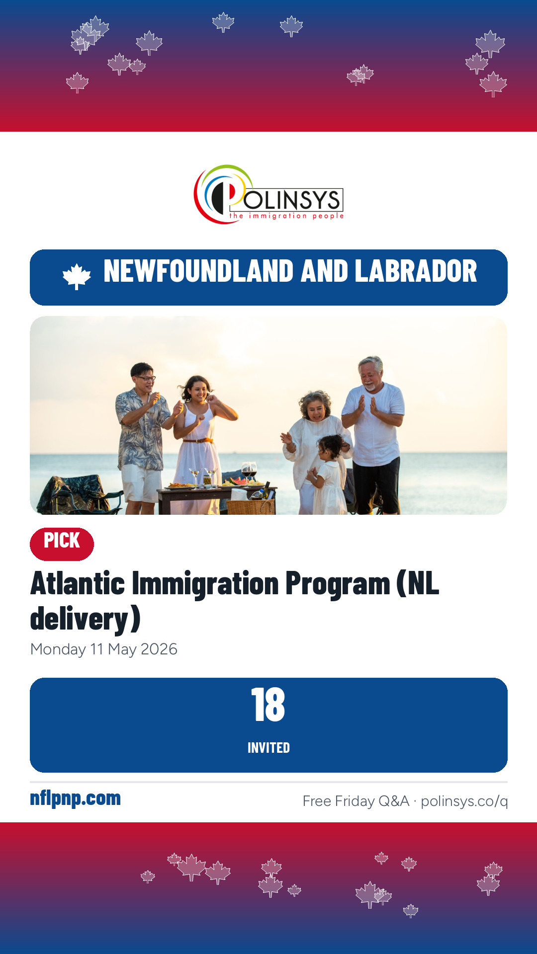 Atlantic Immigration Program (NL delivery) — 18 invitations, 11 May 2026