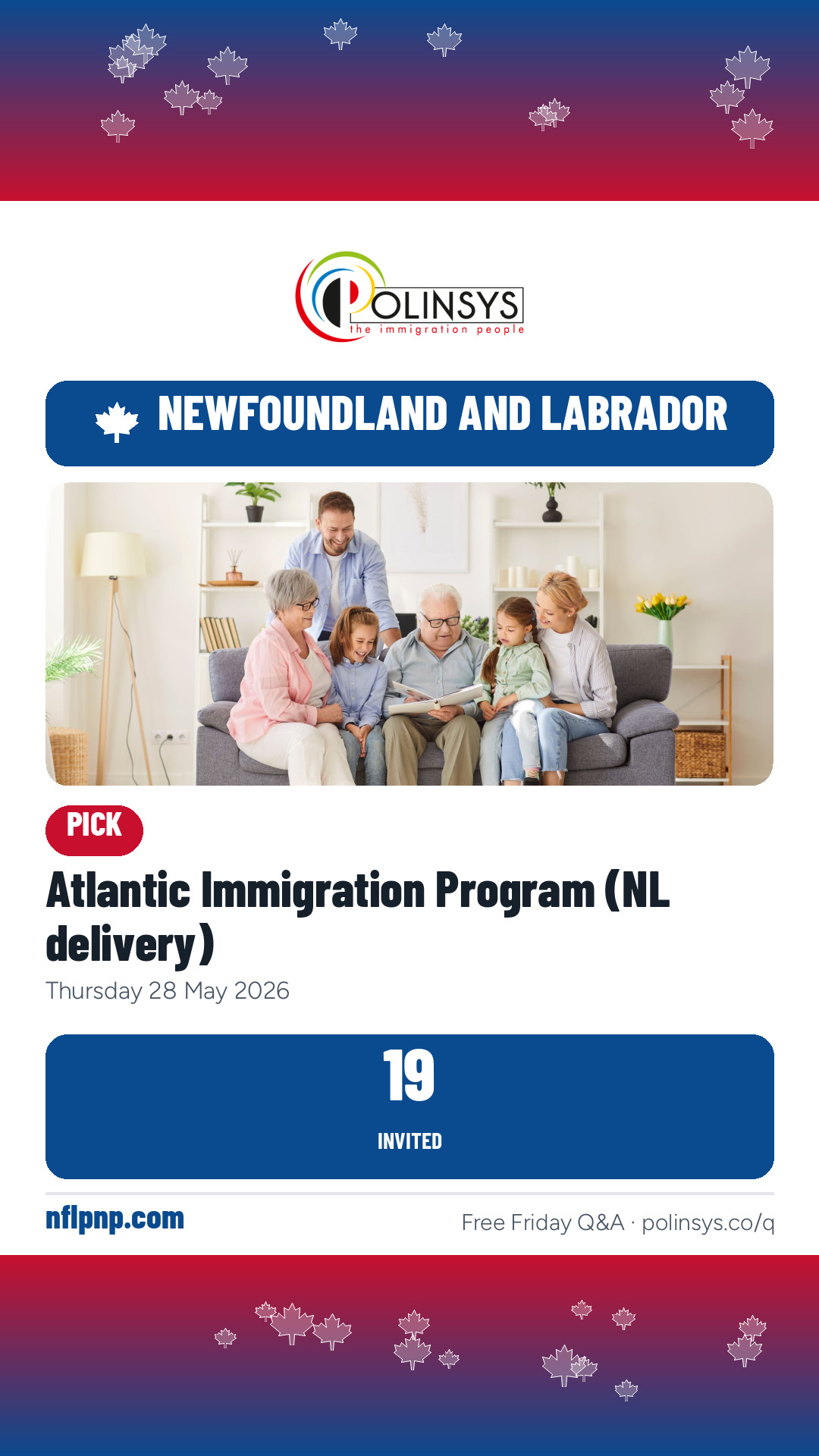 Atlantic Immigration Program (NL delivery) — 19 invitations, 28 May 2026