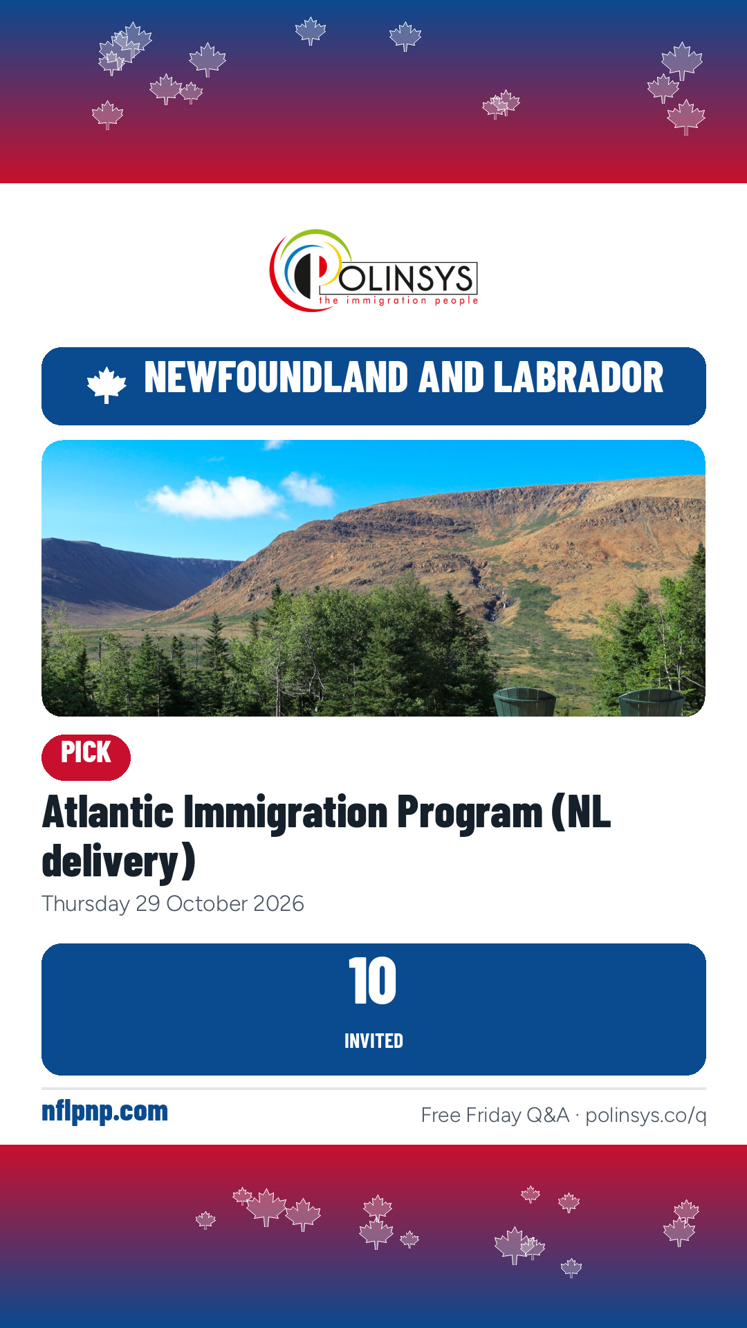 Atlantic Immigration Program (NL delivery) — 10 invitations, 29 Oct 2026