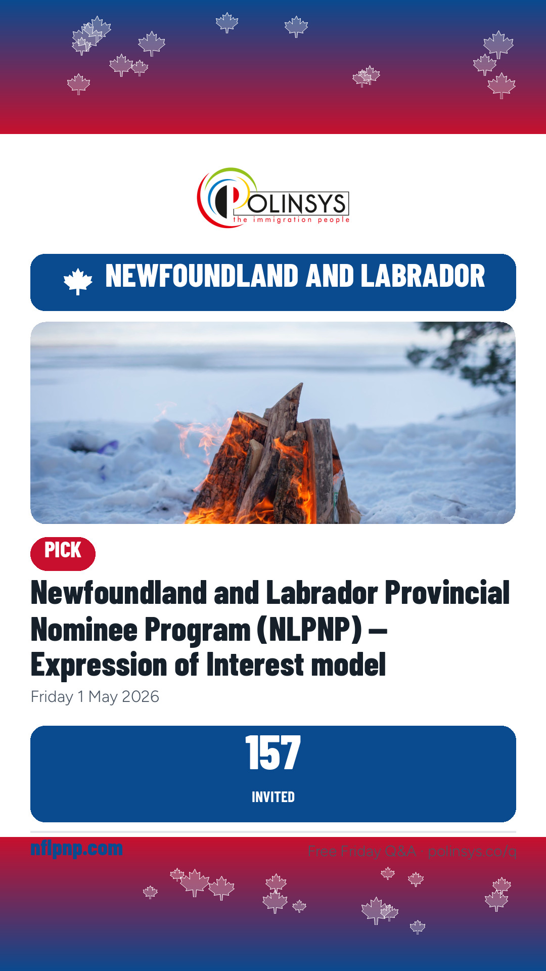Newfoundland and Labrador Provincial Nominee Program (NLPNP) — Expression of Interest model — 157 invitations, 1 May 2026