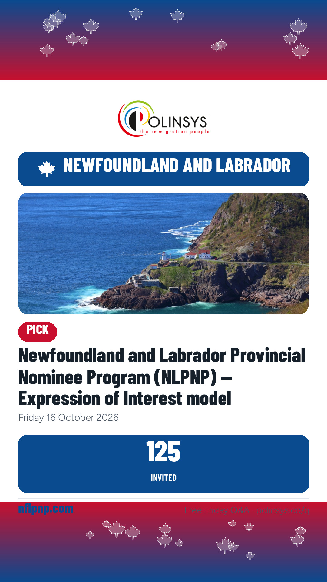 Newfoundland and Labrador Provincial Nominee Program (NLPNP) — Expression of Interest model — 125 invitations, 16 Oct 2026