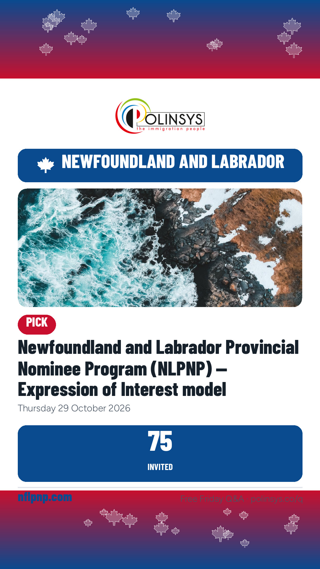 Newfoundland and Labrador Provincial Nominee Program (NLPNP) — Expression of Interest model — 75 invitations, 29 Oct 2026