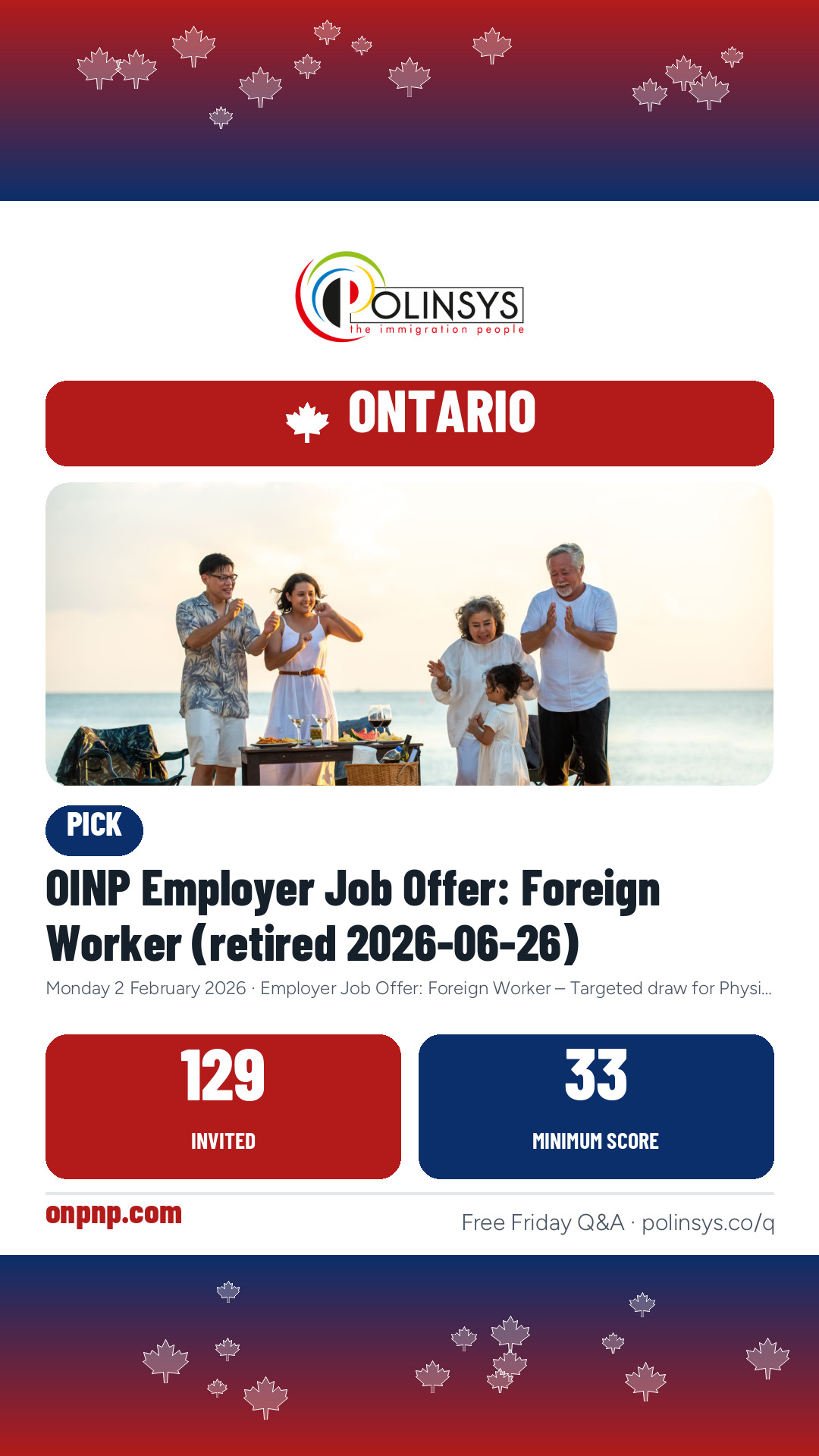 OINP Employer Job Offer: Foreign Worker (retired 2026-06-26) — 129 invitations, minimum score 33, 2 February 2026