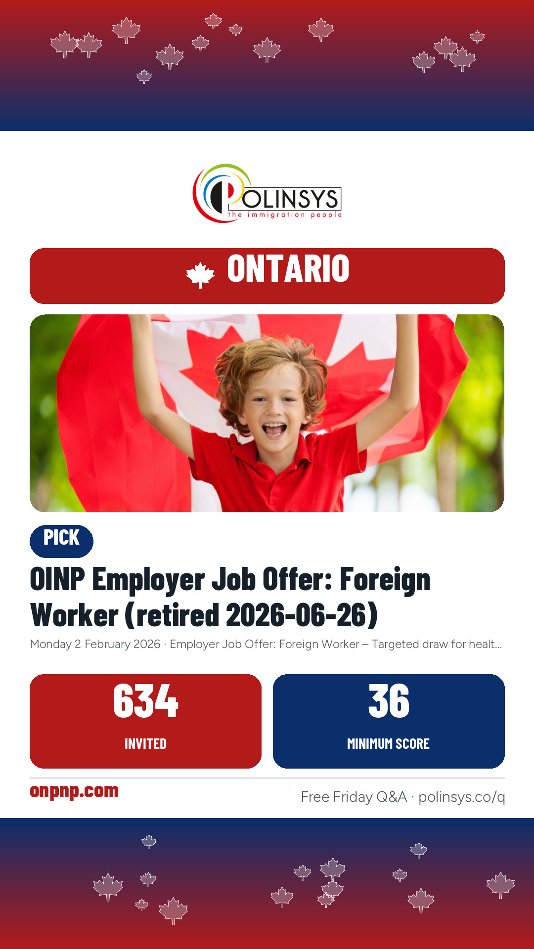 OINP Employer Job Offer: Foreign Worker (retired 2026-06-26) — 634 invitations, minimum score 36, 2 February 2026