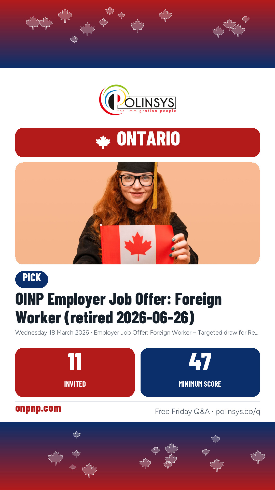 OINP Employer Job Offer: Foreign Worker (retired 2026-06-26) — 11 invitations, minimum score 47, 18 March 2026