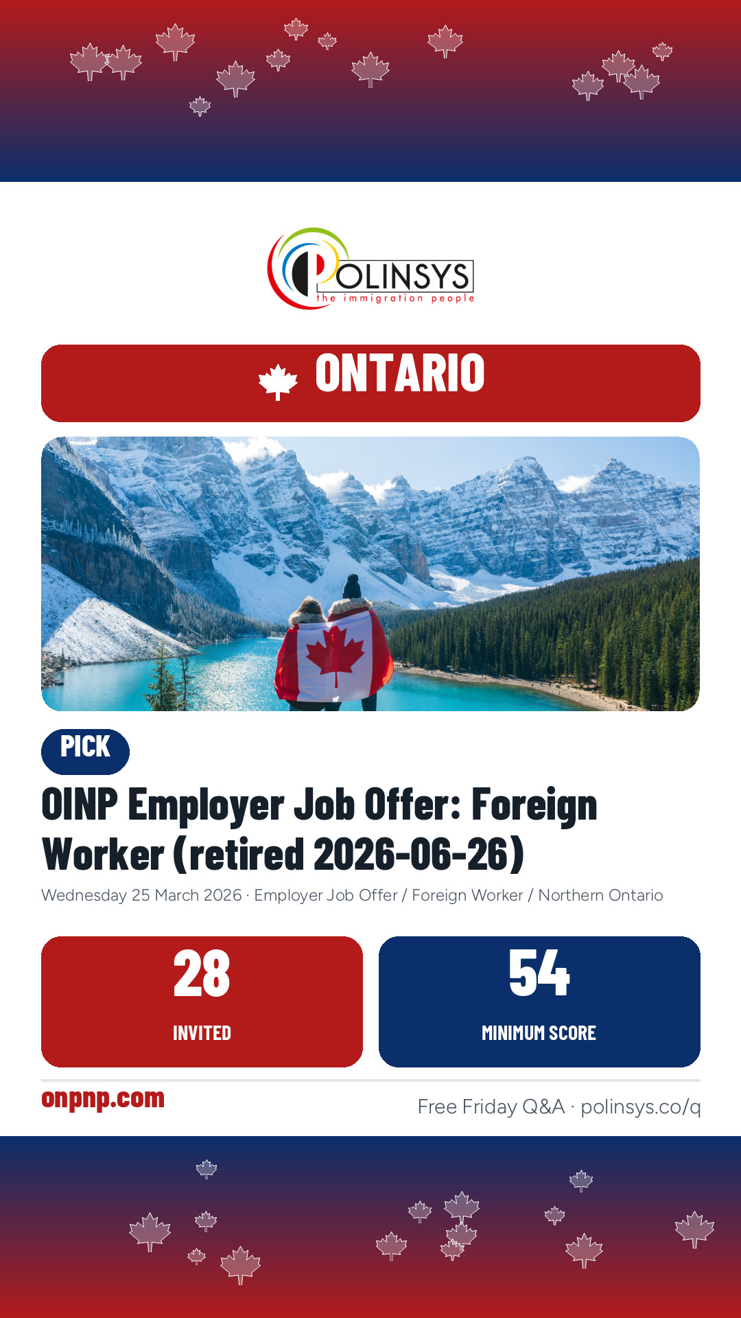 OINP Employer Job Offer: Foreign Worker (retired 2026-06-26) — 28 invitations, minimum score 54, 25 March 2026