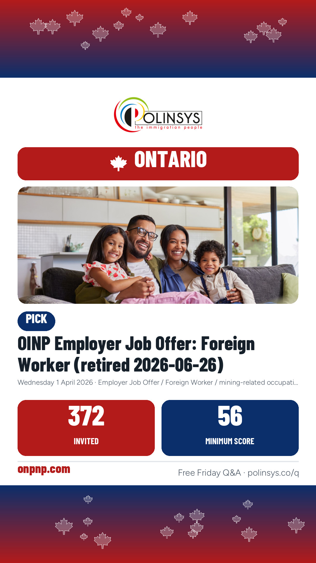 OINP Employer Job Offer: Foreign Worker (retired 2026-06-26) — 372 invitations, minimum score 56, 1 April 2026