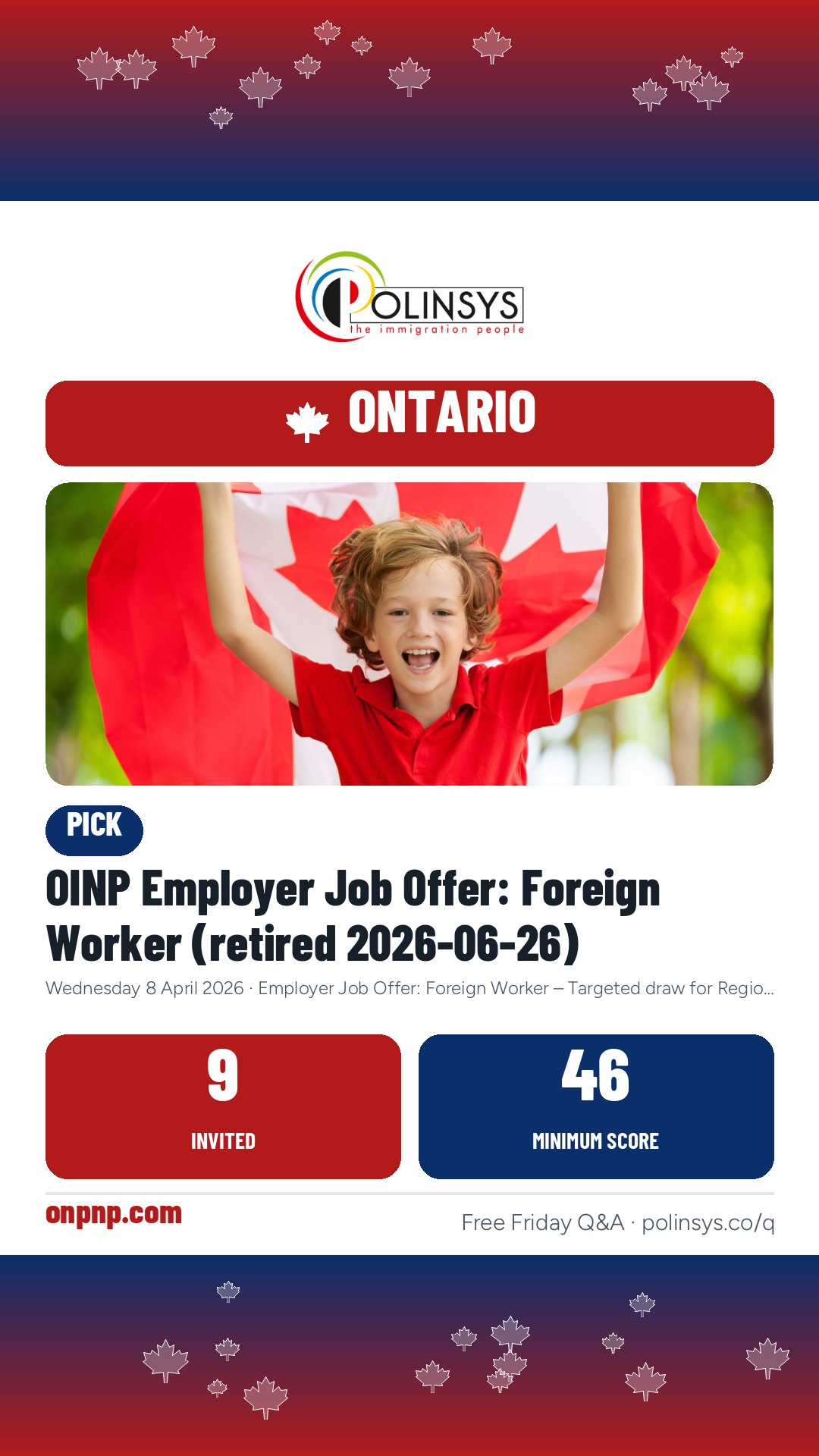 OINP Employer Job Offer: Foreign Worker (retired 2026-06-26) — 9 invitations, minimum score 46, 8 April 2026