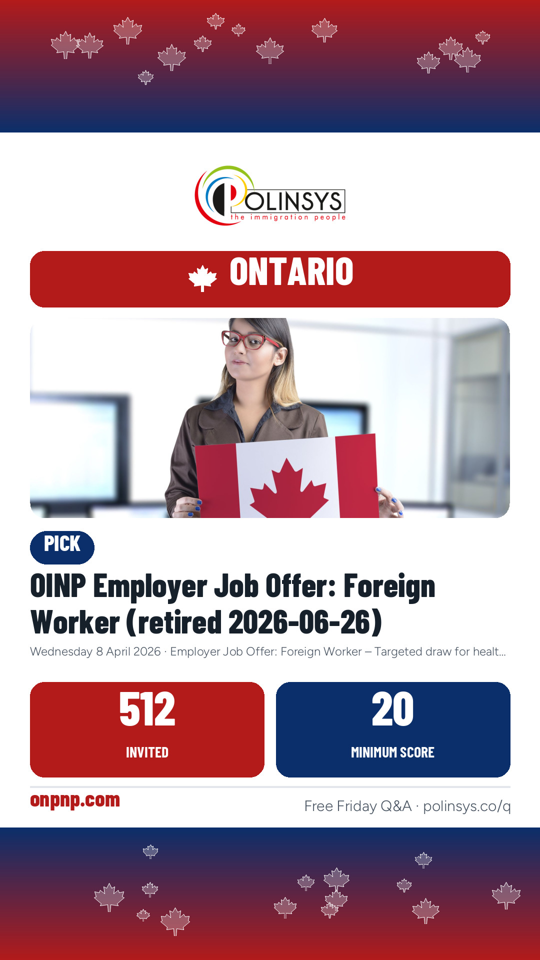 OINP Employer Job Offer: Foreign Worker (retired 2026-06-26) — 512 invitations, minimum score 20, 8 April 2026