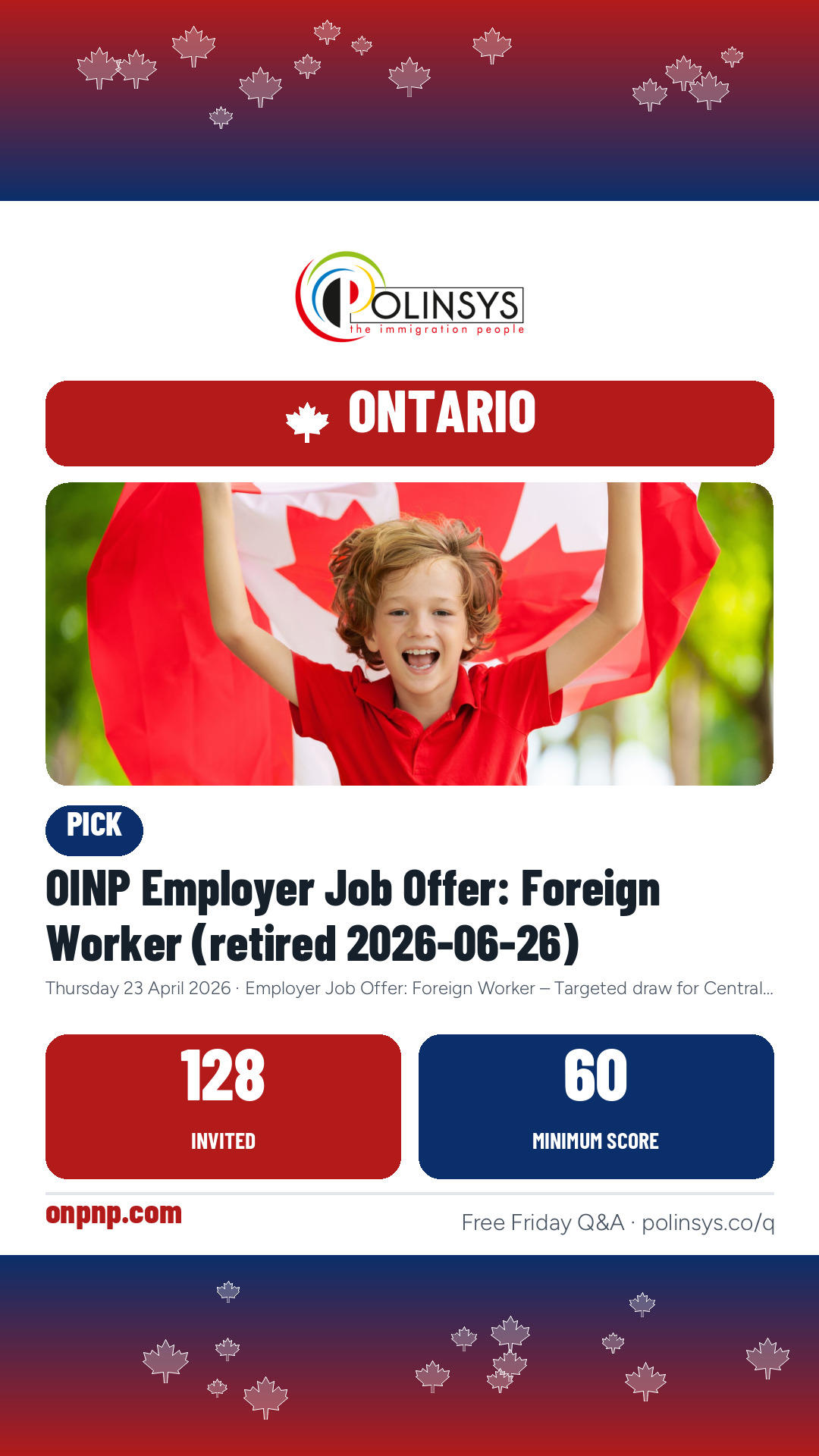 OINP Employer Job Offer: Foreign Worker (retired 2026-06-26) — 128 invitations, minimum score 60, 23 April 2026