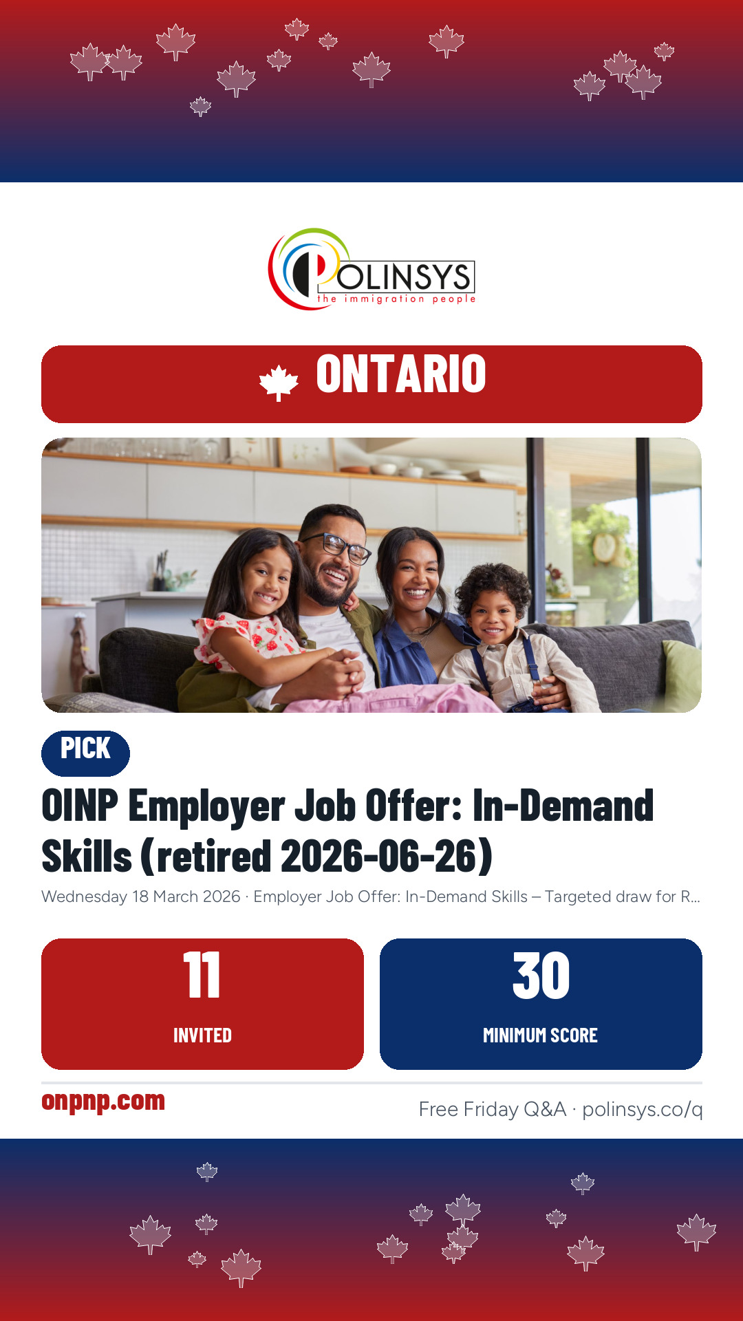 OINP Employer Job Offer: In-Demand Skills (retired 2026-06-26) — 11 invitations, minimum score 30, 18 March 2026