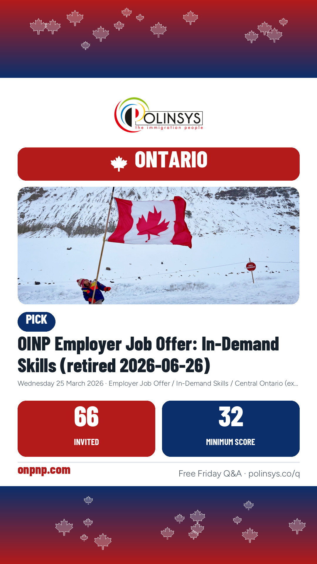 OINP Employer Job Offer: In-Demand Skills (retired 2026-06-26) — 66 invitations, minimum score 32, 25 March 2026