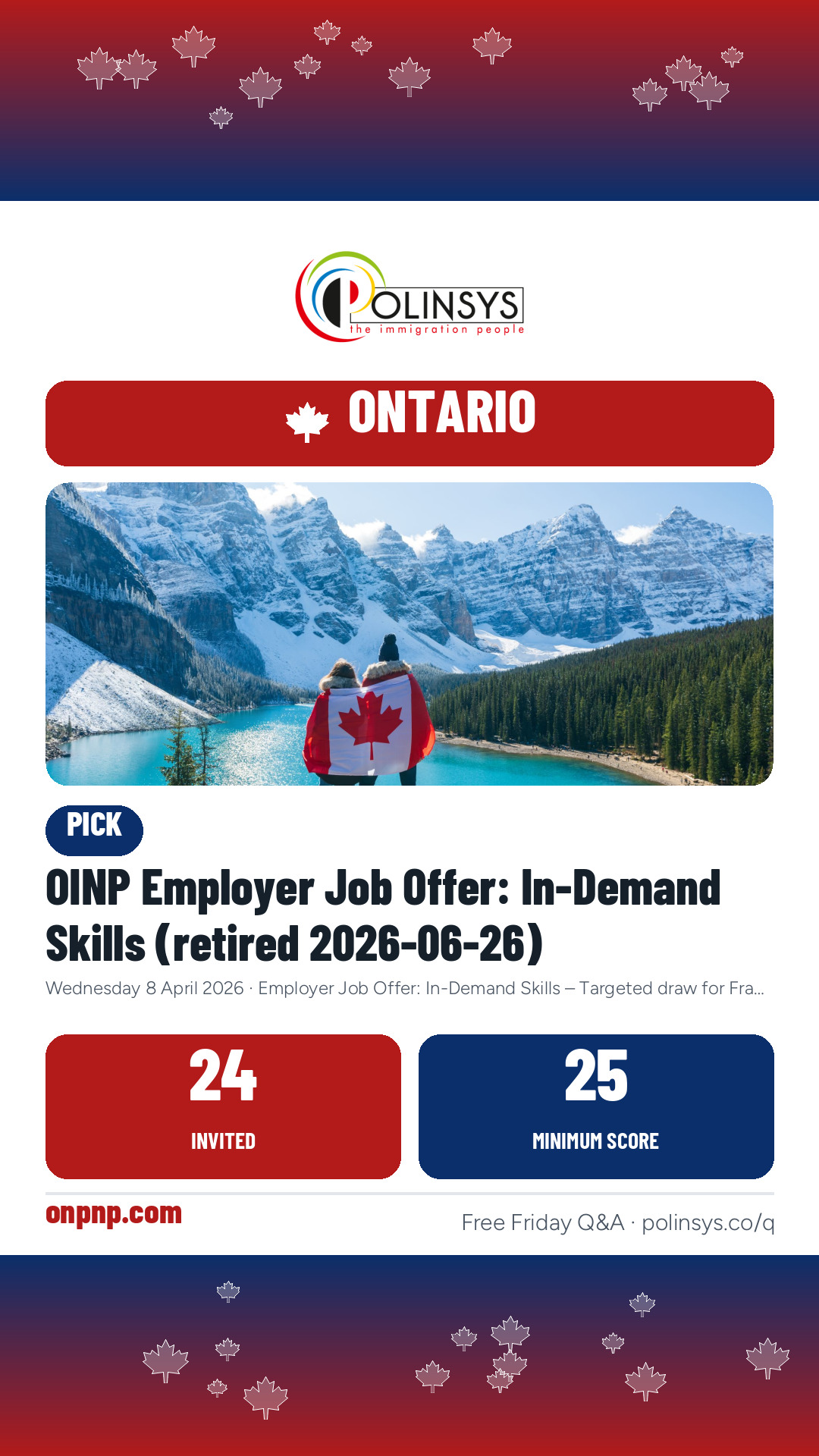 OINP Employer Job Offer: In-Demand Skills (retired 2026-06-26) — 24 invitations, minimum score 25, 8 April 2026